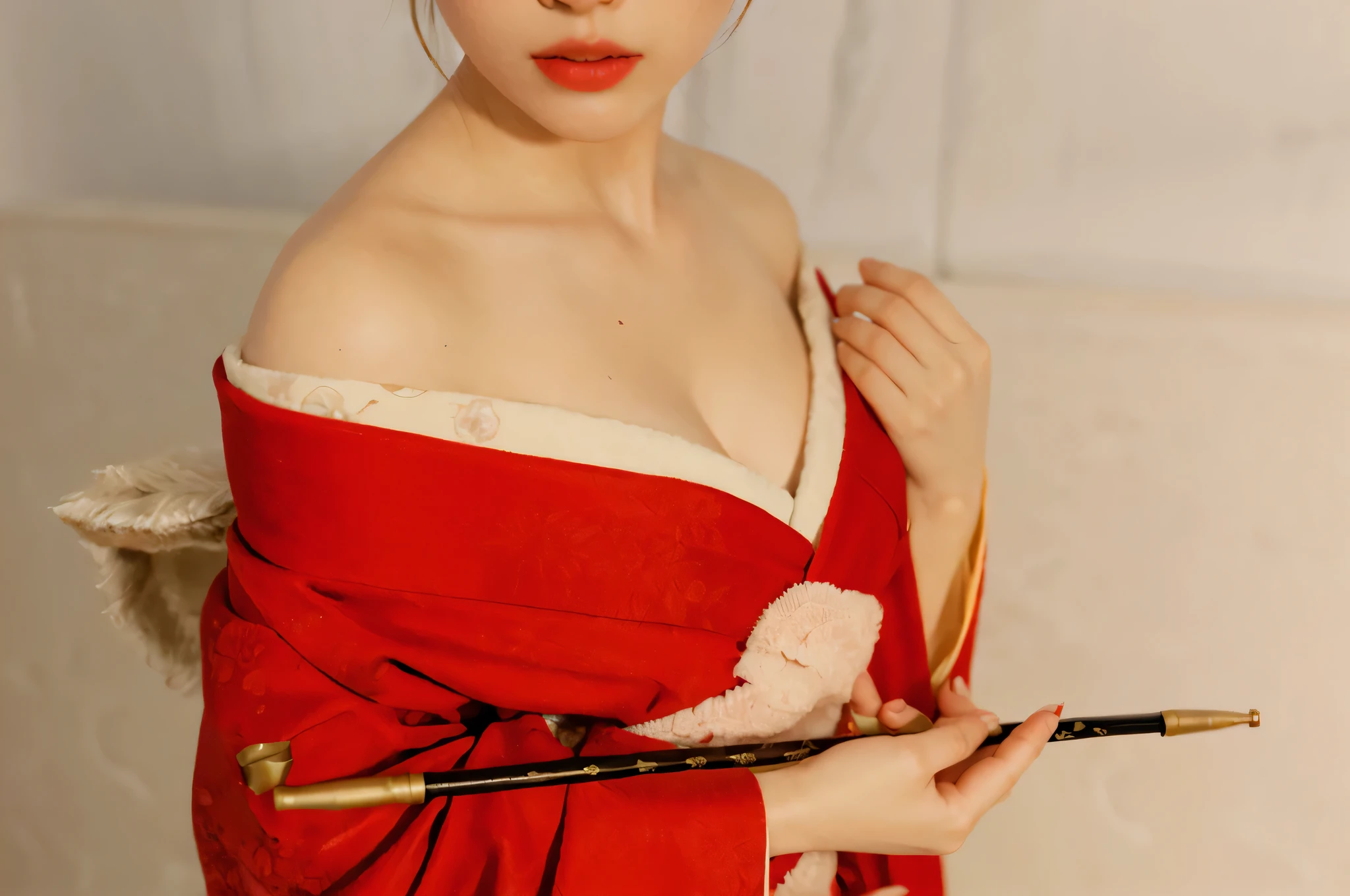There is a woman wearing a red dress sitting in a Japanese-style room, red kimono, wearing kimono, in kimono, red robe, red kimono with flower patterns, in a kimono, wearing a kimono, wearing a red cheongsam, japanese kimono, wearing simple robes, wearing a simple robe, kimono, japanese goddess, wearing royal kimono, wearing red robes, japanese, in robes