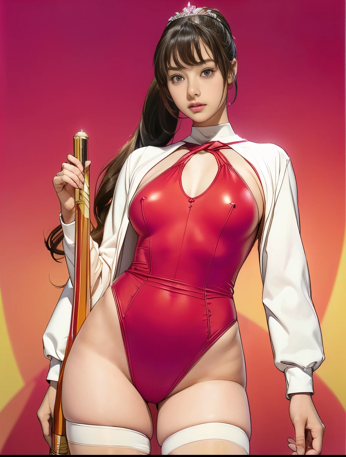 whole body、((beautiful girl、Cute type))、((Beautiful  girl))、 ((leotardsbeautiful girl：1.5))、((A beautiful girl wearing a three-coloRed leotard: Red, green, and white.))、((shouted in surprise))、((please open your eyes：1.5))、((from below：1.5))、Ultra-fine painting、((両脚を左右に開いてstand：1.8))、((Beautiful 14 year oldeautiful girl wearing a tiara))、((((baton twirl))))、((huge ))、open mouth、(Live shooting)、(masterpiece:1.4)、(best quality:1.4)、((stand))、((long hair ponytail))、((Have bangs：1.4))、((thin thighs：1.5))、Beautiful girl with a fuchsia Reddish choker around her neck、Delicate skin、Thigh clearance、((City))、[:(Face:1.2):0.2]、clavicle、((Hasselblad photos))、(((camel toe)))
