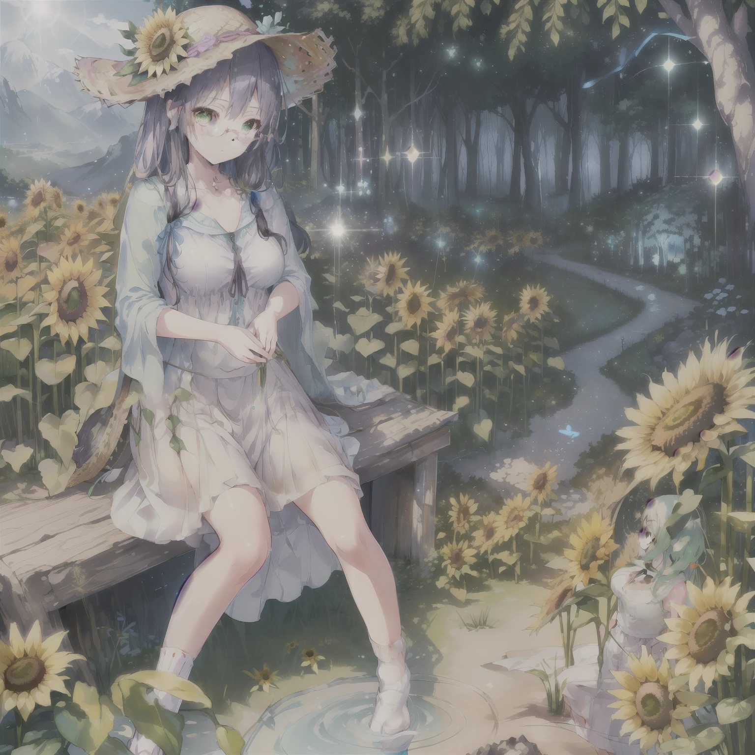 (masterpiece, highest quality, highest quality, official art, beautiful and aesthetic:1.2), (1 girl, cute:1.2), very detailed, colorful, most detailed ((Super detailed)), (Detailed CG illustration), ((very delicate and beautiful)),(outdoor, shrine, nature, country, Mountain, forest, straw hat, black hair, long hair, blue eyes, big breasts, particles of light, Lens flare, Depth of the bounds written, shine, Bokeh, まだらのDay差し, Day, white dress, long skirt, one piece dress, trekking shoes, ribbon choker, socks, Are standing, sunflower:1.2), (green eyes), (light purple hair), (Glasses)