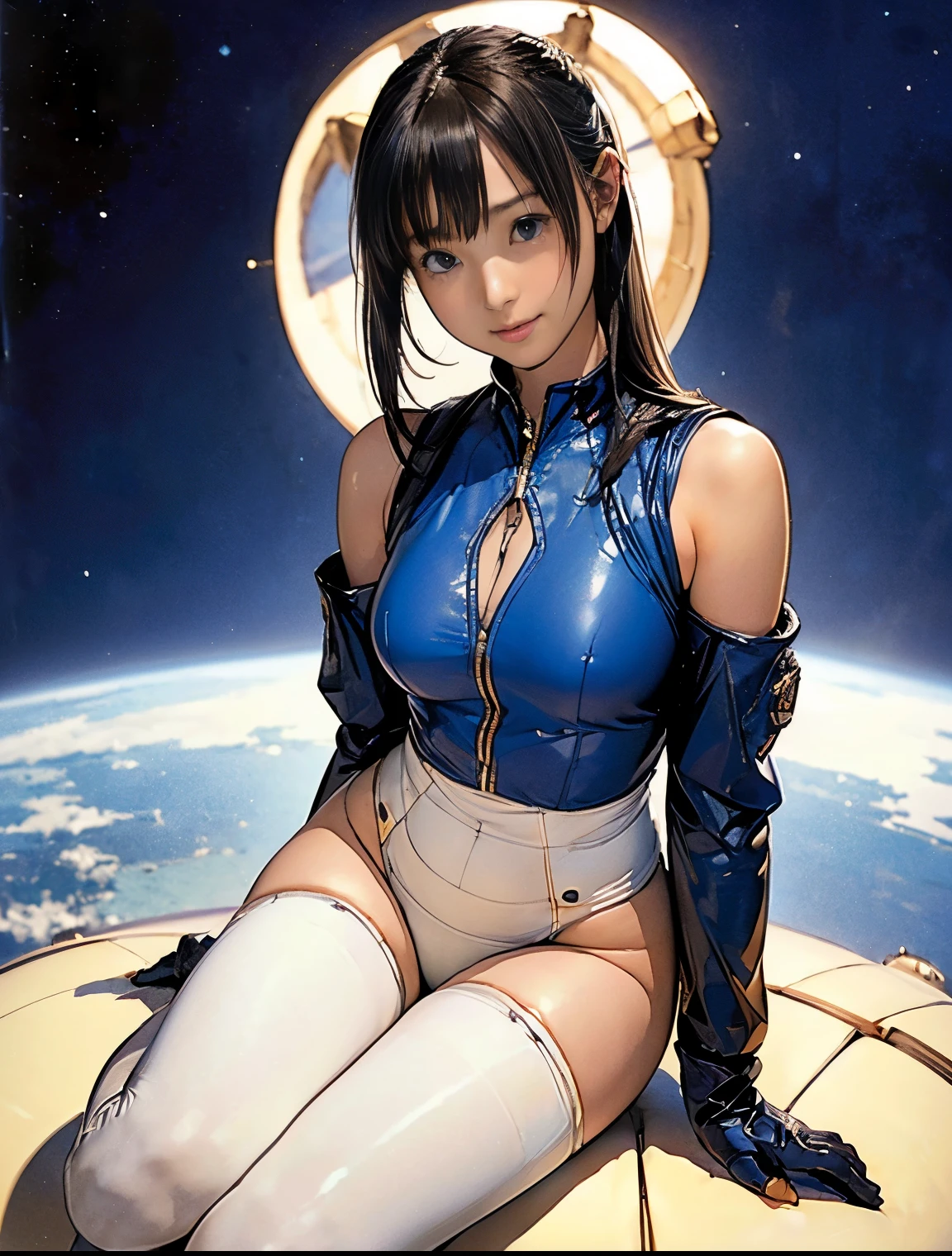 (masterpiece、best quality、Highest resolution、Clear_image、detailed details): (full body picture、15 year old girl、Japanese face、small face、thin、Navy blue super short bob、blue eyes、Blue and Black Shiny Aviator Suit、Armor that protects the chest、tight clothes、Clothes that cover the whole body、leggings、Very delicate and beautiful、hide thighs、hide your ass、Cute type、gentle smile、soft expression、earphone、knee high boots、Gloves come to elbow length、Shooting at eye level、face directly、woman on spaceship), (((camel toe))), ((Plain white tights))