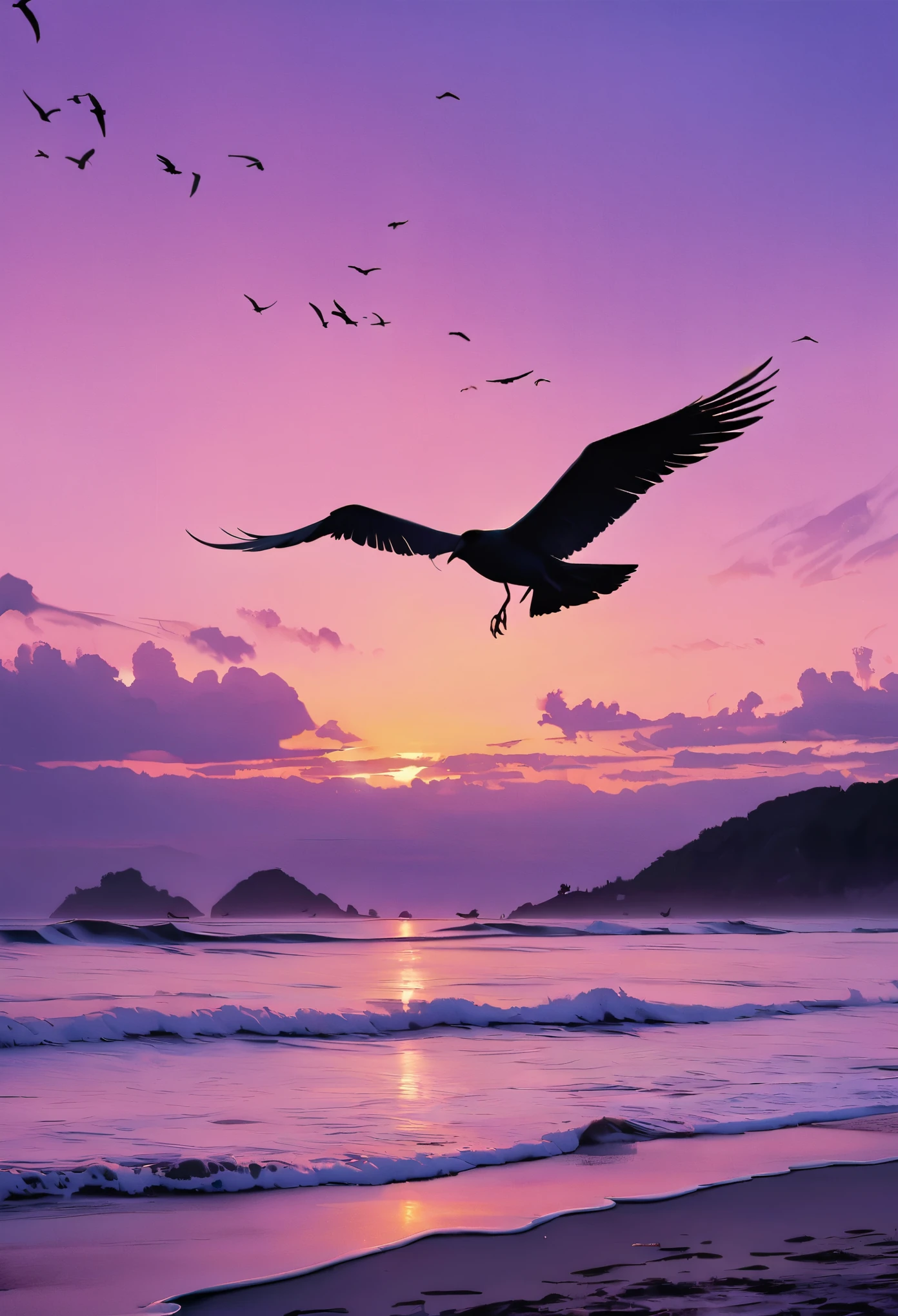 Crie uma arte digital de qualidade de 1 praia  com ondas , arte de qualidade HD 8k, birds flying , yellow and purple sunset, estilo praia brasileira ,Rio de janeiro Brasil 