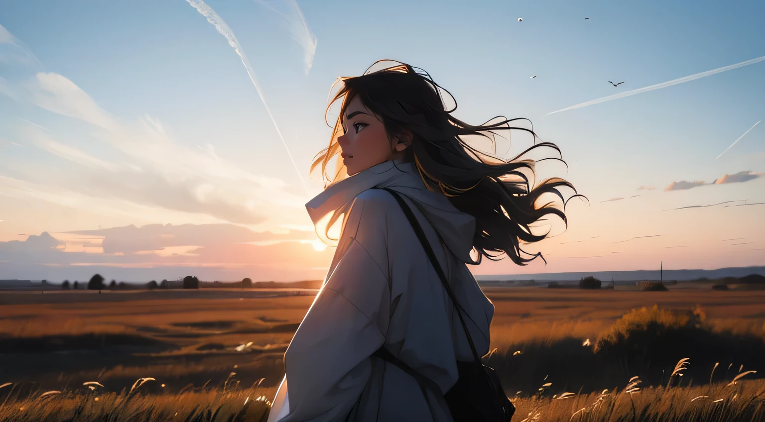 Le vaste ciel, La belle ligne d'horizon, les grandes prairies, Extremely tense and dramatic images, Les effets visuels en mouvement, the high Polaris and the natural colored light. Long-sleeved top, short en jean et une fille avec un sac à dos.

 Sourire à pleine dent, Cheveux très blancs et coloreds 🌈, Une belle fille, UHD (Ultrun Detunils) RegUNrder le spectateur en tenue de ville de style hip-hop, different, colored, long, dark garments, Dust&#39;étoiles blUNnche sur les pUNrties sombres, debarrasse, Resolution hUNue, ultra-détunille, (1fille : 1.3), colors éclUNntUNntes, flou artistique, light leaks, Ambiance onirique