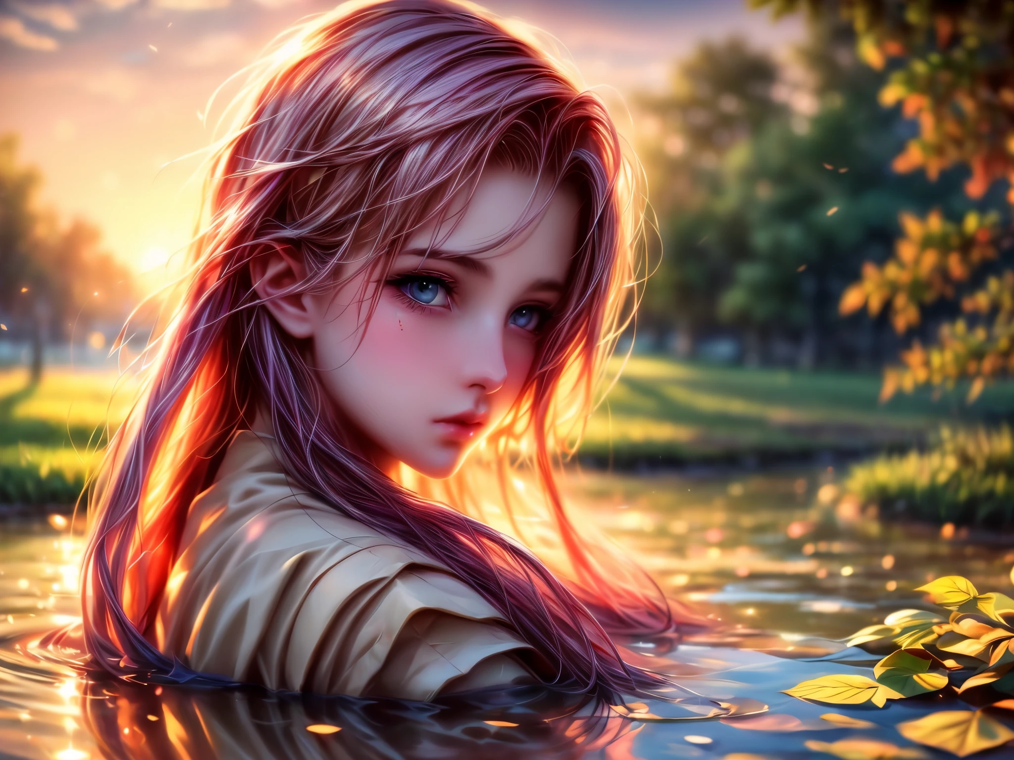 (best quality,4k,highres),sitting girl,detailed face,beautiful eyes and lips,sad expression,soft light,reflective pond,rustling leaves,sunset colors,vivid reflection,serene atmosphere,realistic style,subtle emotive cues