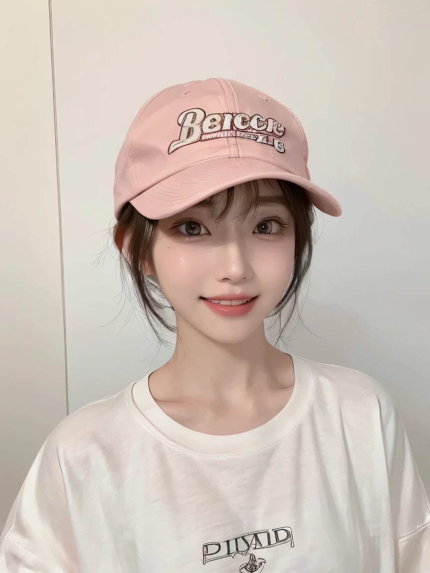 Best image quality、original photo、ultra high resolution、21 years old Korean、small breasts、dynamic angle、Cowboy shooting、The most beautiful form of chaos、elegant、Innovative design、bright colors、,light brown short hair、disheveled hair、light brown eyes 、black baseball cap(Facial expressionSmile)、short bob、Smile、Fair and shiny skin、beautiful eyes,random colors、The details are very beautiful、thin lips、Delicate beautiful eyes、elongated eyes、pale pink cheeks、long eyelashes、beautiful double eyelids、eye shadow、he、White big T-shirt sweatshirt、baggy pants、Shot from the side、sexy pose、enlarge