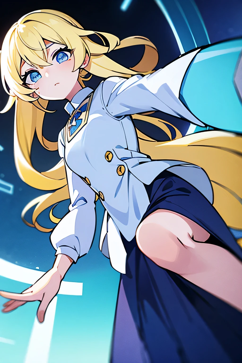 anime girl with blonde hair and blue eyes in a white dress, portrait, looking at viewer, solo, blonde anime girl with long hair, anime visual of a cute girl in dress, high detailed official artwork, cyberpunk long white coat, neon wings, better eyes, better face