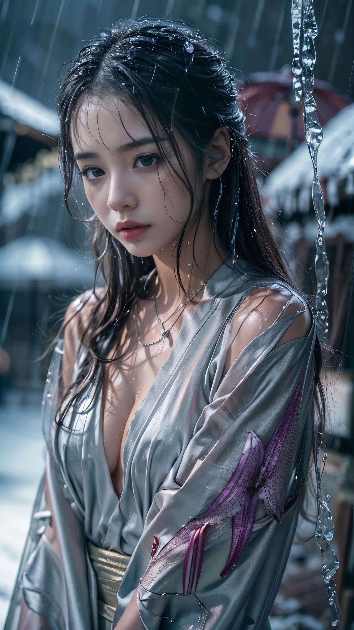 (RAW shooting, Photoreal:1.5, 8K, highest quality, masterpiece, ultra high resolution), (((heavy snow))), perfect dynamic composition:1.2, (In front of a shrine at night in a modern city, expression of sadness:0.9, Tears are flowing:0.9, cry with a broken heart:0.9), (Holding a bouquet of wet lilies:1.35, Wearing a wet silver kimono correctly:1.4), Highly detailed skin and facial textures:1.2, Slim office lady wet in the rain:1.3, cowboy shot, Fair skin:1.2, sexy beauty:1.1, perfect style:1.2, beautiful and aesthetic:1.1, very beautiful face:1.2, water droplets on the skin, (rain drips all over my body:1.2, wet body:1.2, wet hair:1.3), (Medium chest, Bra is sheer, Chest gap), (Eyes that feel beautiful eros:0.8), (Too erotic:0.9, Bewitching:0.9), necklace, earrings, bracelet, wedding ring