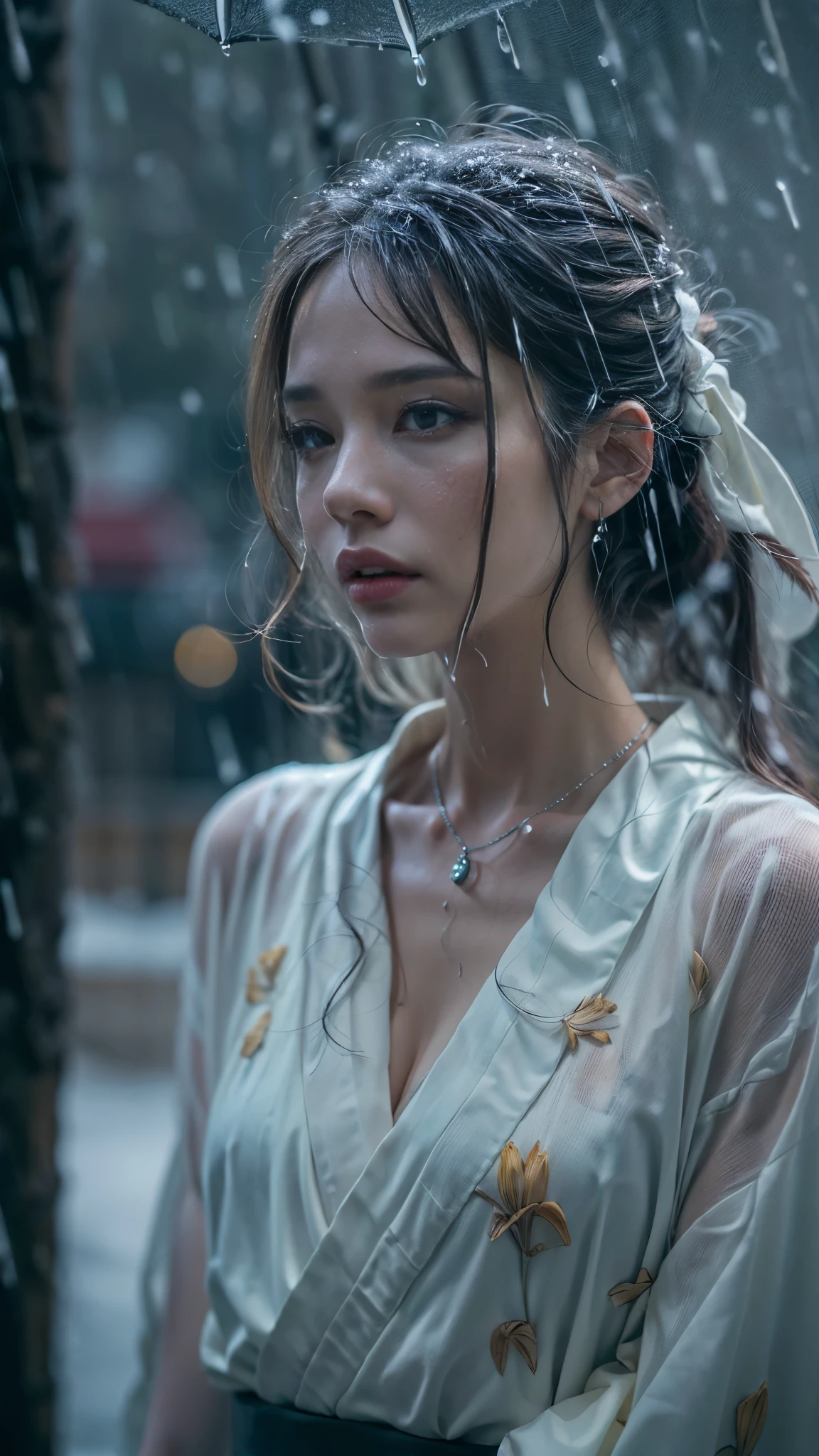 (RAW shooting, Photoreal:1.5, 8K, highest quality, masterpiece, ultra high resolution), ((((heavy snow, Blizzard)))), Highly detailed skin and facial textures:1.3, perfect dynamic composition:1.2, (In front of a shrine at night in a modern city, expression of sadness:0.9, Tears are flowing:0.9, cry with a broken heart:0.9), Slim office lady wet in the rain:1.3, cowboy shot, Fair skin:1.2, sexy beauty:1.1, perfect style:1.2, beautiful and aesthetic:1.1, very beautiful face:1.2, water droplets on the skin, (rain drips all over my body:1.2, wet body:1.2, wet hair:1.3), (Professional kimono dressing:1.1, Holding a bouquet of wet lilies:1.2, Wearing a wet silver kimono correctly:1.3), (Medium chest, Bra is sheer, Chest gap),  (Eyes that feel beautiful eros:0.9, Too erotic:0.9, Bewitching:0.9), necklace, earrings, bracelet, wedding ring, Highly detailed hand and finger expressions