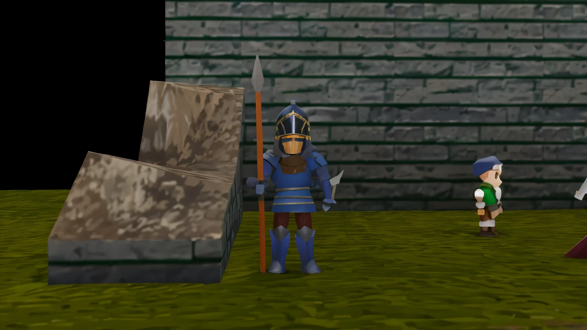 stylized RPG Soldier with armor and spear, wall behind