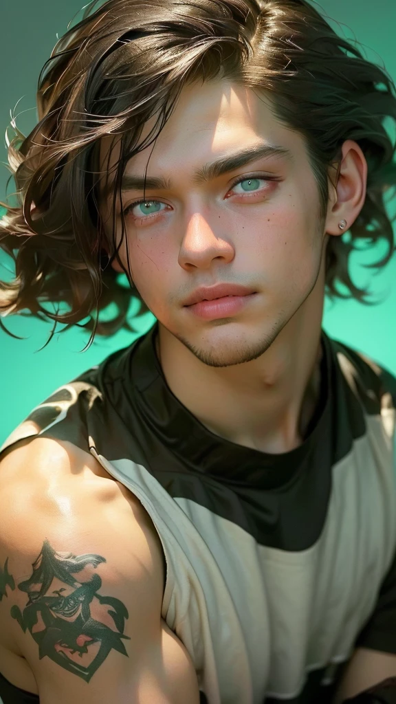 ((Whole shot:1.4, dynamic pose:1.4)), ((1 young sensual and beautiful self-confident man:1.5)), ((green eyes:1.5)), ultra detailed:1.5)), smile sensual, with a tattoo on his arm and cheek, handsome and masculine hairstyle:1.2, handsome young cyberpunk man, handsome cyberpunk boy face, dreamy, ((beautiful and detailed, soft and luminous hair:1.3)), dark environment, cyberpunk clothing, ultrarealistic 8k, cyberpunk 20 years. a model boy, The portrait, Highly detailed 32k digital art, beautiful digital artwork, Cyborg Cyberpunk. ((orange, cyan, brown colors: 1.2)), realistic digital art in 8k, soft neon lighting on the face and body, (( Highly detailed: 1.4), (( masterpiece )), ( Hyper detailed and beautiful : 1.3), (Photorealistic: 1.4)