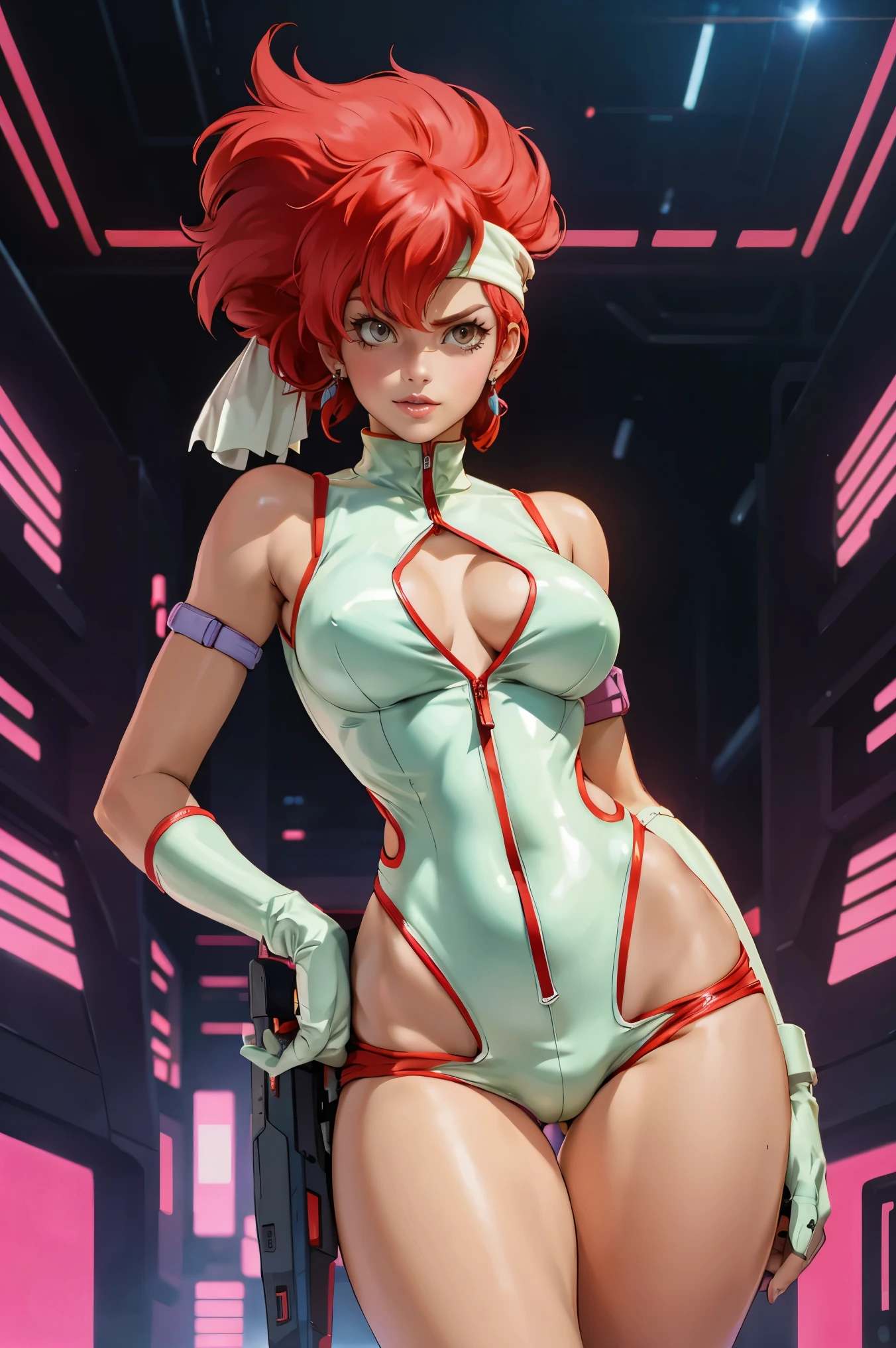 Kei from The Dirty Pair, , wearing a tight outfit, skimpy, medium breast, red hair beauty, cyberpunk city background, holding retro space-gun, headband, slim waist, slim thighs, thigh gap