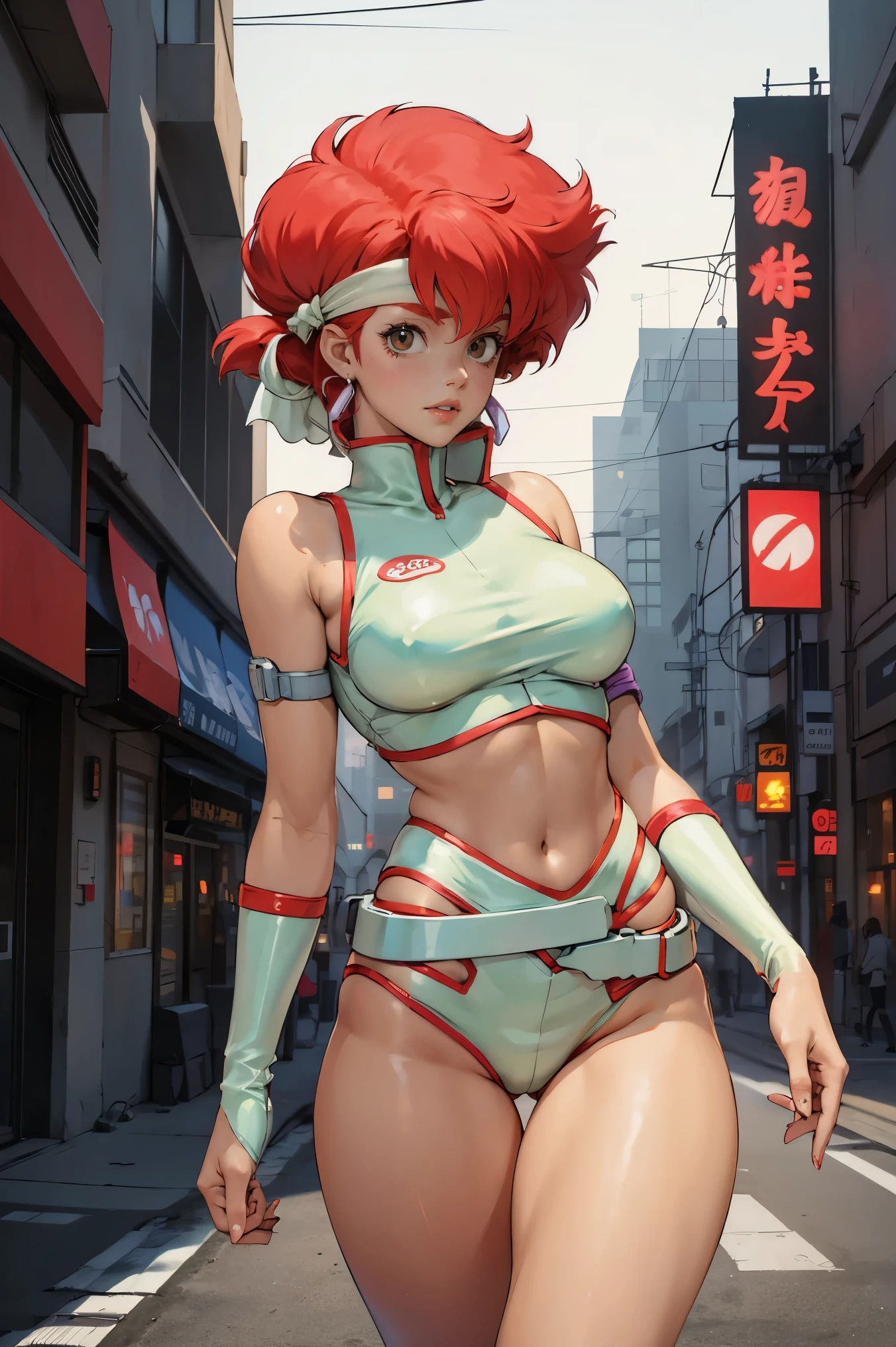 Kei from The Dirty Pair, , wearing a tight outfit, skimpy, medium breast, red hair beauty, cyberpunk city background, holding retro space-gun, headband, slim waist, slim thighs, thigh gap