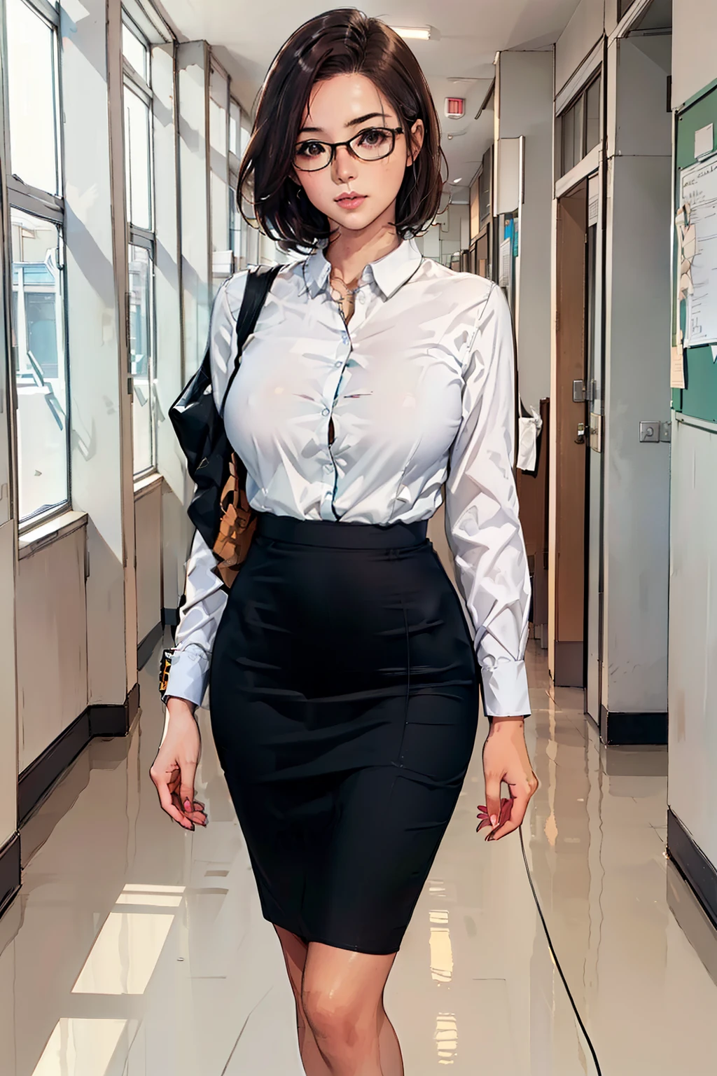 ((Realistic Light, Best Quality, 8K, Masterpiece: 1.3)), 1girl, female teacher, Slim Beauty: 1.4, (Brown hair,  short hair length to shoulder, glasses, large breasts: 1.3), wearing long sleeve white shirt(( appropriate shirt)), black pencil skirt((length skirt to the knee)), walking alone at empty school hallway, front view, fullbody, 