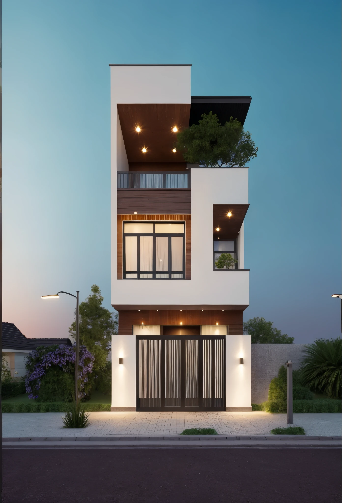 Realistic images, extremely detailed, a modern house, 1 road in font of house, large yard made by ceramic, (1 car), brick fence, lawn, a few small flowers, a road in front of the house, main materials of the house are white walls and red brick, Modern design, clear blue sky, sunrise light, light from inside, dynamic light,shimering light, cinematic light, romantic feeling, (((day light, warm light)))