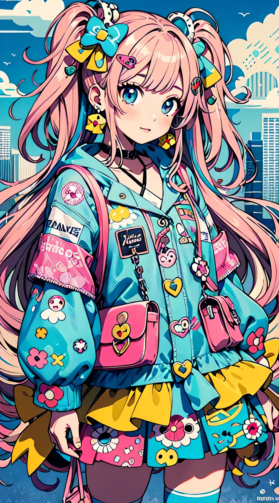 Takashi Murakami style、Anime girl with pink hair, blue jacket and pink purse, anime style 4 k, Decora style illustration, anime art wallpaper 4k, anime art wallpaper 4k, anime wallpaper 4k, anime wallpaper 4k, anime style. 8K, anime atmosphere, anime art wallpaper 8k, anime style illustration, anime art style, anime styled, cute detailed digital art