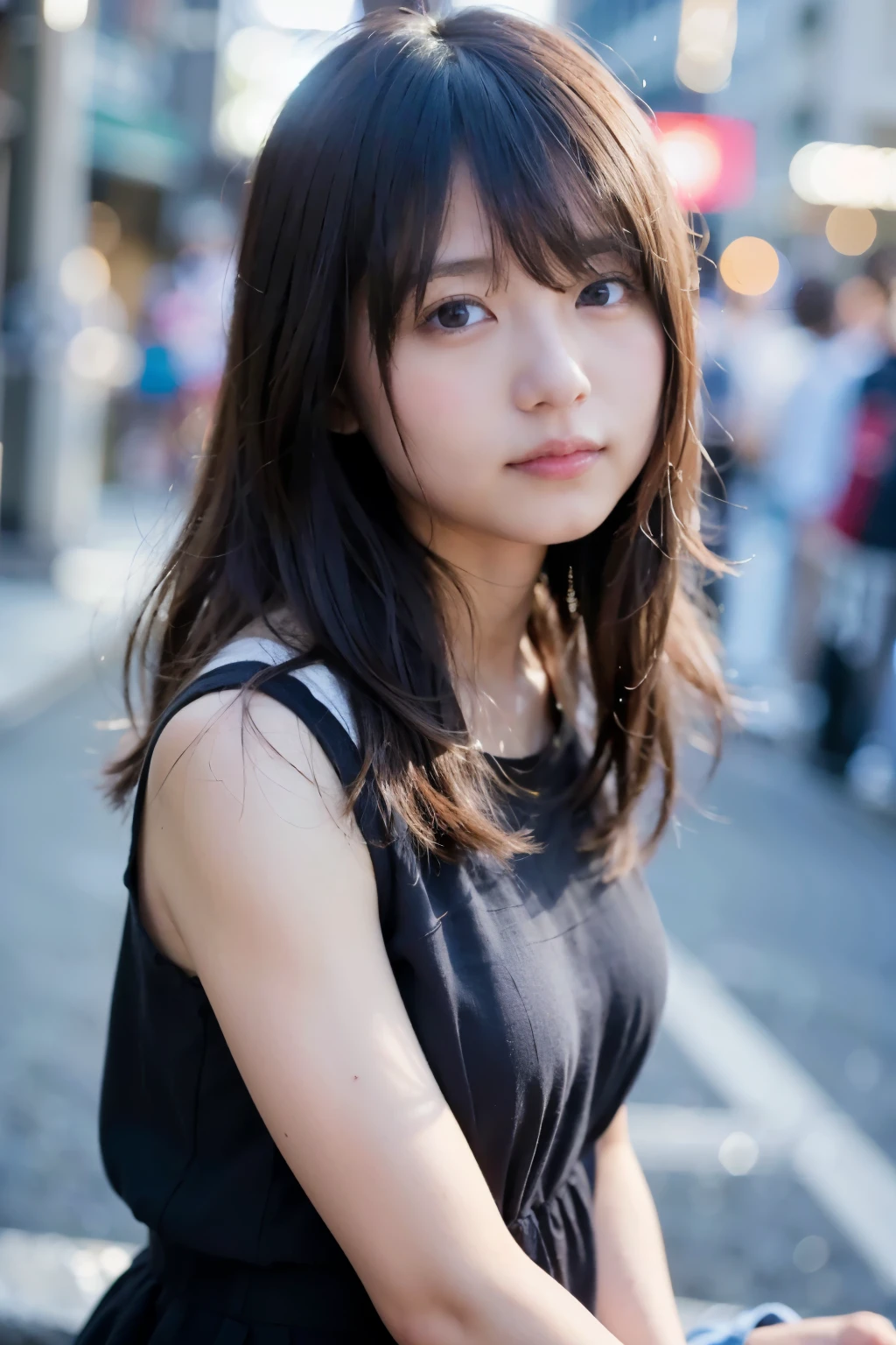 ((Upper body))), 1 girl、Tokyo street、cityscape、Upper body、Close-up、laughter、、(8K、RAW photo、highest quality、masterpiece:1.2)、(realistic、photo realistic:1.37)、Highly detailed eyelash drawing、(((best image quality))),small tit、fine skin, (beautiful hair), (perfection Anatomy), (realistic), (dynamic angle), seductive pose,perfection,sensual look、highest quality、High resolution、Smile