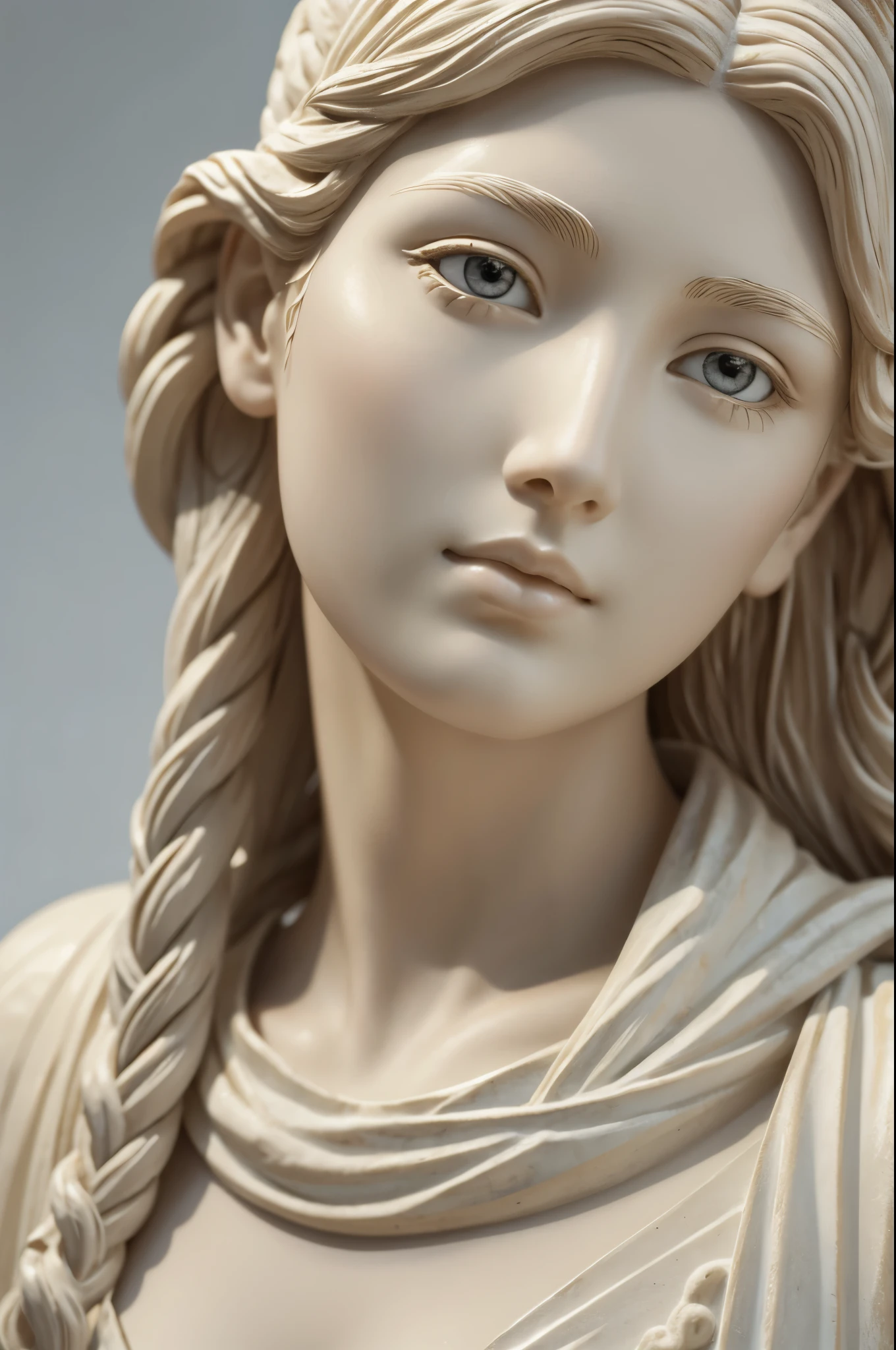 masterpiece, best quality, extremely detailed, hyperrealistic, photorealistic, a pretty girl, ultra detailed face, sculpture, greek statue, white marble, ancient hairstyles, white background, serene atmosphere, graceful and expressive facial features, elegant and peaceful expressions, realistic shadows