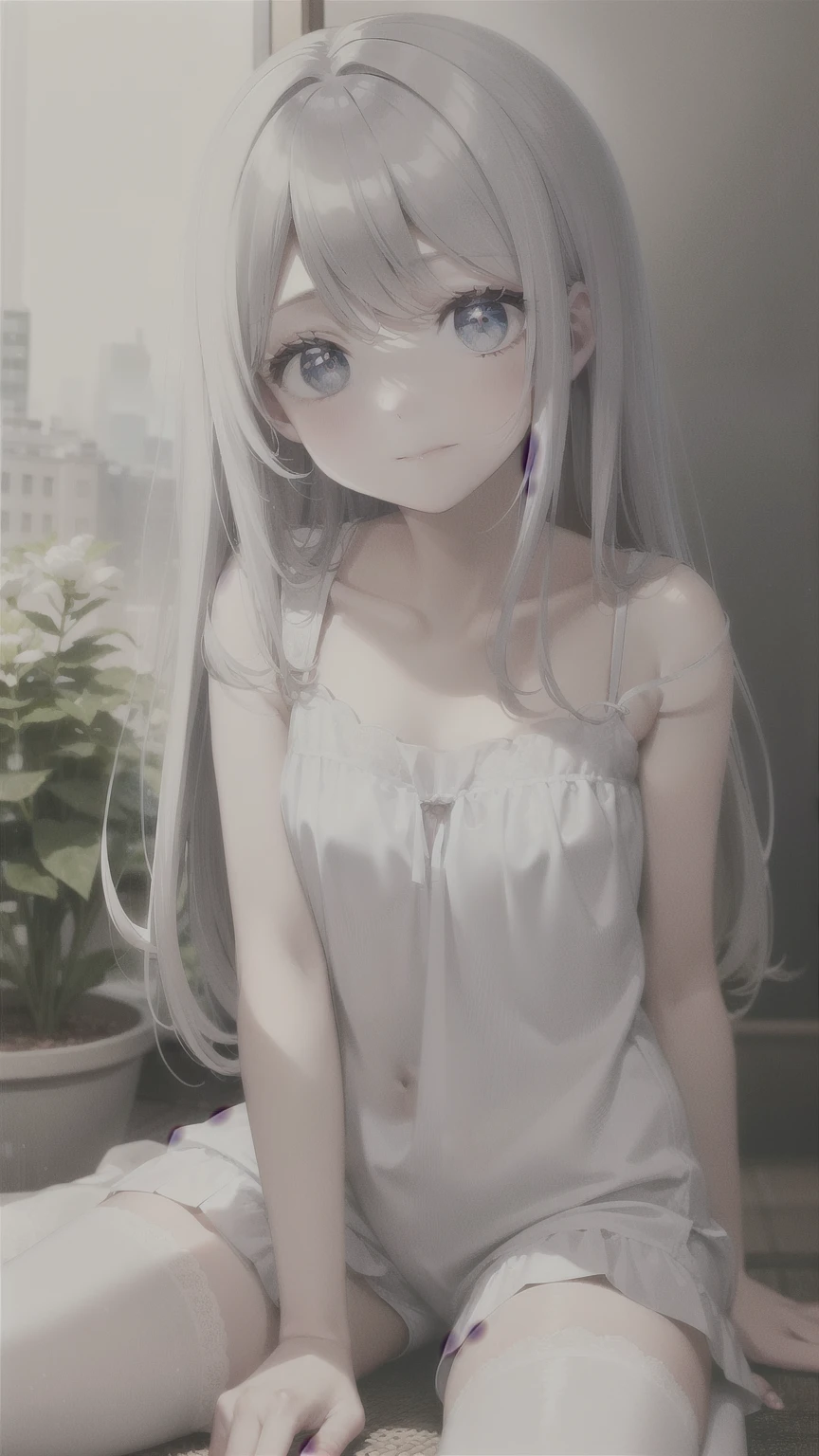 ((masterpiece, best quality))++, Detail lights+,  detail hair+, Detail hand+ ,1 girl, Honey, （long gray hair）++,   dark blue eyes,  beautiful eyes, Young gray hair,,(beautiful white hair:1.5),(beautiful eyes),    high resolution+,   black stockings  ， a white pajamas, Glass tones, Reflective eyeanyery detail wallpaper, The original, ,scassue card ，Nature，White rose