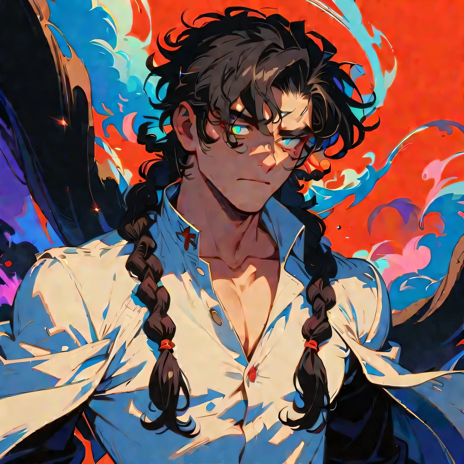 Boy with two braids coming out of the back of his head anime role-playing anime anime man role-playing character from the front braids 2 falling down his shoulders , olhos amarelos anime estilo anime ,personagem , man ,boy, garoto ,sozinho