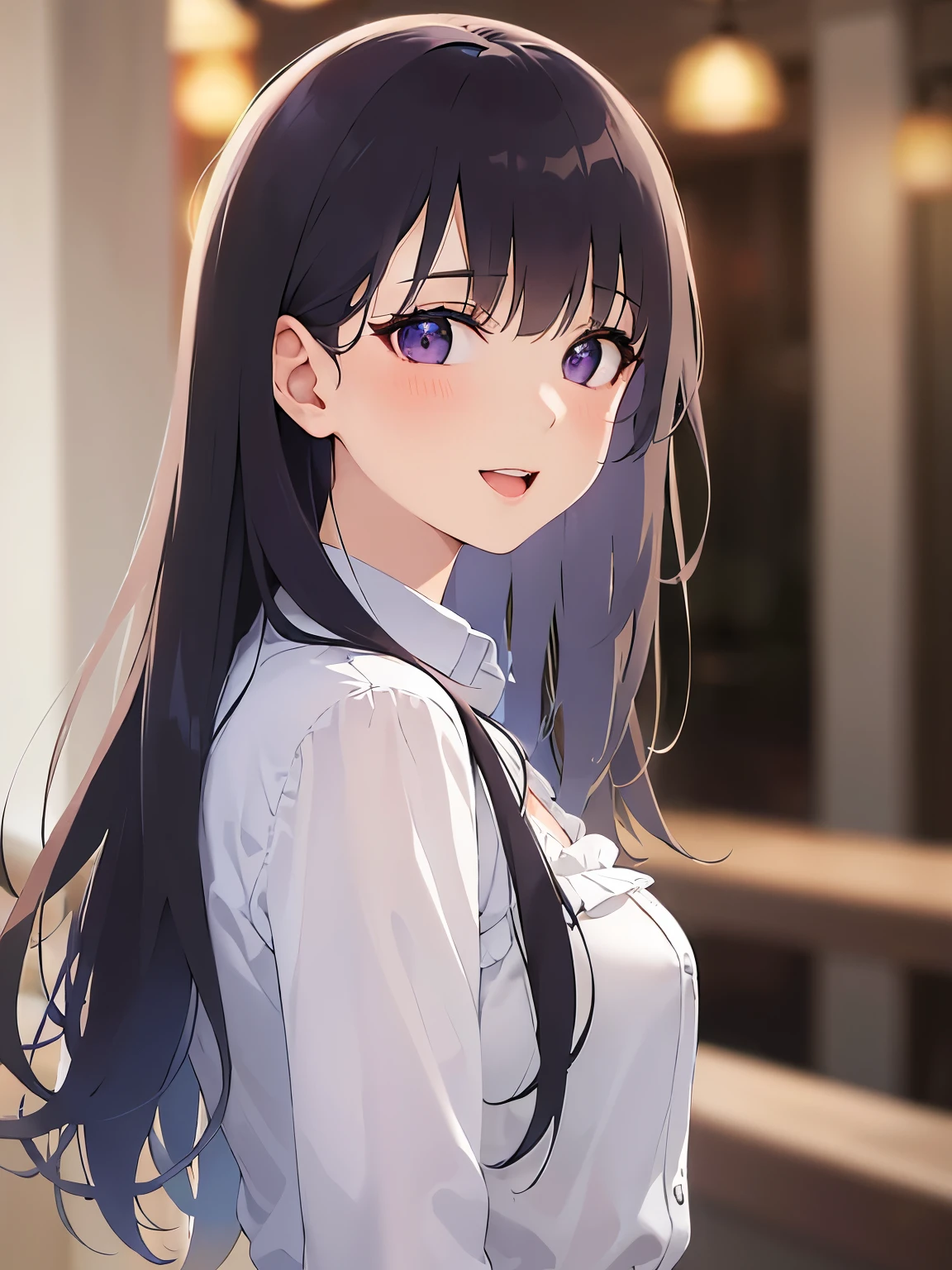 look back、(white ruffle blouse) and (long sleeve), looking up, Upper Body, Realistic, real person, (pale skin: 1.2), RAW photo, photorealistic, portrait photography, shiny skin, japanese idol、shiny hair、(25 year old woman with straight medium hair with bangs) and (black hair) and (purple eyes) , smile, open mouth, (blush:1.3), The background is a restaurant、Alone、Are standing