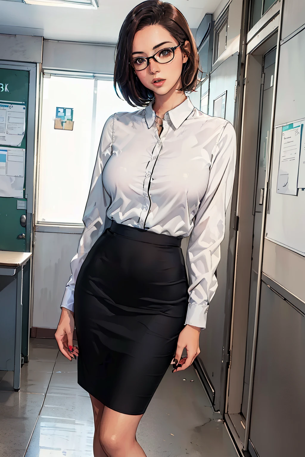 ((Realistic Light, Best Quality, 8K, Masterpiece: 1.3)), 1girl, female teacher, Slim Beauty: 1.4, (Brown hair,  short hair length to shoulder, glasses, large breasts: 1.3), wearing long sleeve white shirt(( appropriate shirt)), black pencil skirt((length skirt to the knee)), standing alone at empty school hallway, front view, medium shot, with little wonder expression, 