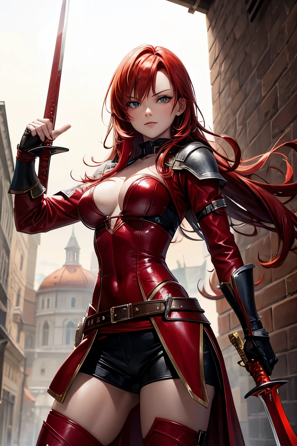 sexy red haired warrior wielding a red sword looking at me