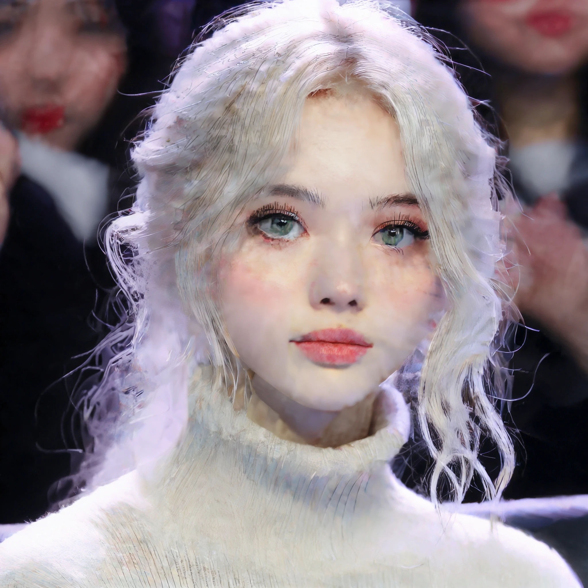 Un primer plano de una mujer con el pelo largo y rubio blanco, Retrato de wonyoung de ive,Danielle de New Jens,maquillaje popular de Corea del Sur, Retrato de Danielle de New Jeans, Tono de piel rosa pastel, Karina de aespa, maquillaje coreano popular