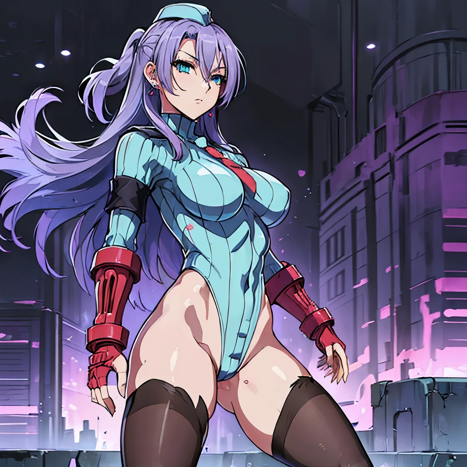 ultra-detailed, Explicit, Beautiful body, Beautiful Nose, Beautiful character design, perfect eyes, perfect face, ultra highres, 4K, beautiful legs, perfect legs, Nice hands, Perfect hand, Masterpiece, Best Quality, Highly detailed, illustration, absurdres, perfect anatomy, street fighter, doll suit, shadaloo doll, dollsuit, expressionless, blank eyes, looking at viewer, red gloves, emotionless, black latex, corruption, mind control, female combatant, full body, hypnotized, unhappy trance, full body suit, ribbed bodysuit, both arms at side, obey, perfect female body, extremely glossy latex, hypnosis, hypnoLora, empty eyes, Mind control device, poses, submissive_pose, Slave, standing straight, standing, standing at attention, hat, necktie, belt, latex, ribbed bodysuit, thigh Highs, garter belt, Fighting Stance, extending the right arm from the shoulder into the air with a straightened hand, military, thigh boots, black pantyhose, (((pixel-perfect, detail-perfect))), solo, 1girl, hair ornaments, huge breast, ayame, purple hair, jewelry, blue eyes, green eyes, long hair, earrings, labcoat, necklace, Ayame Himuro