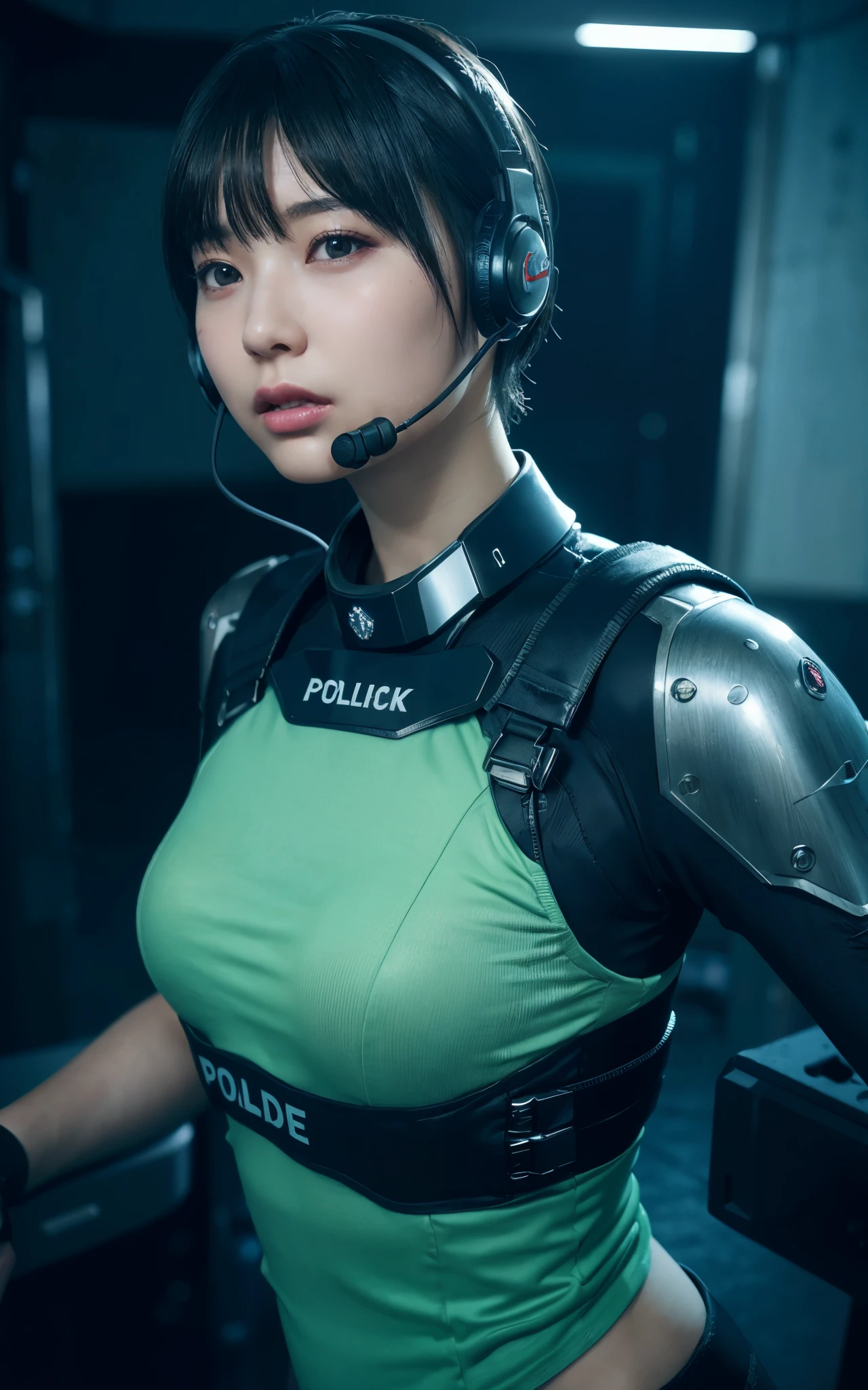 Dark Body 8K Drive Rendering, Teenage Female Cyborg, Green Shortcut Hair, Wear wearing rash-guard likes police uniform, black and gray mecha, wearing high-tech headset, military harness, holding a machinegun, battle armor, action SHOT, closes mouth, ((a closed mouth)), Skin pores, Detailed complex iris, Very dark lighting, heavy shadow, Detailed and detailed face, ((photos realistic, realist, Dramatic, murky, sharp focus, 8?And then)), ::Futuristic cyberpunk, Realistic style, ::n_digital-painting style