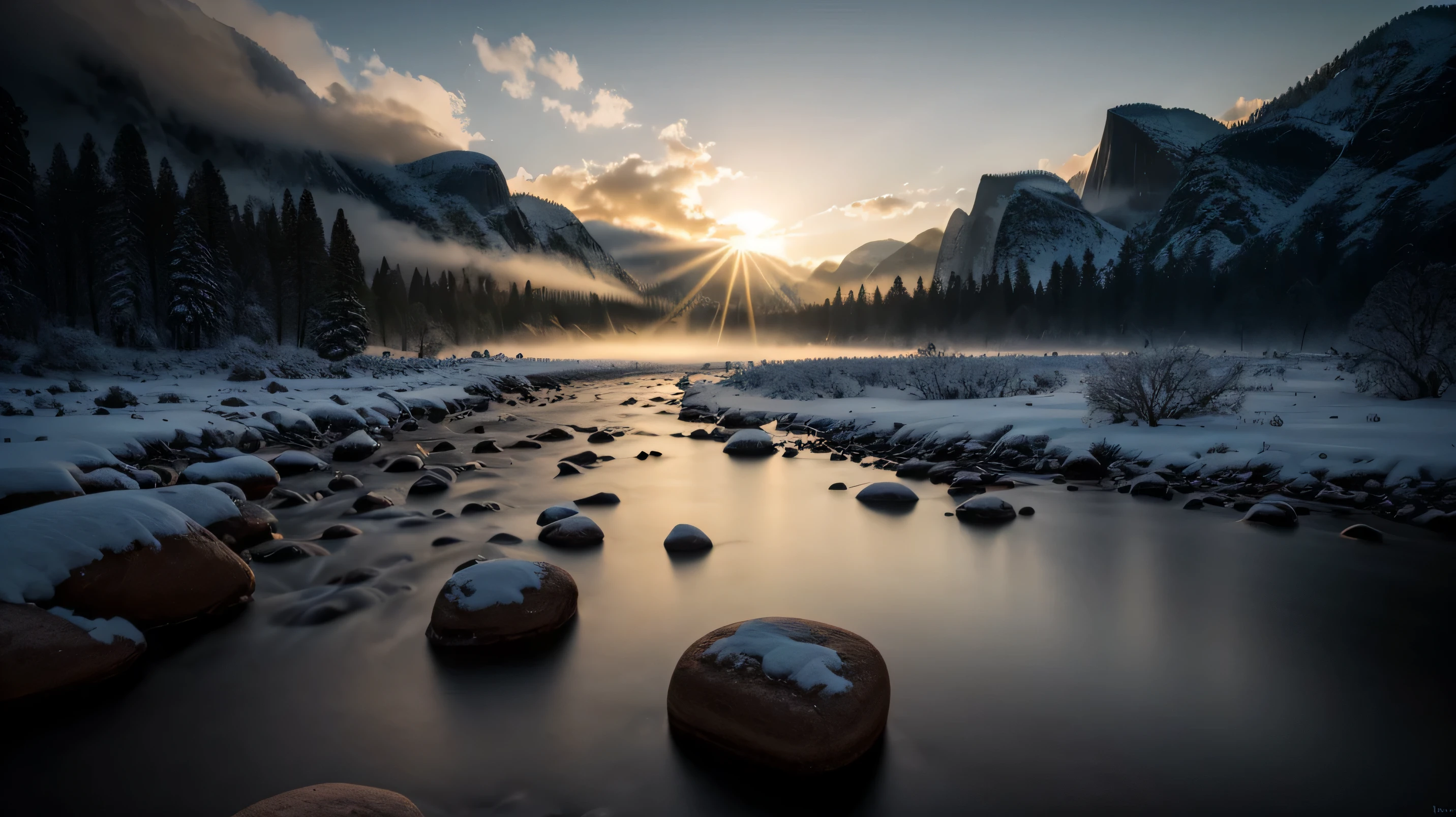 A photo of a river，There are rocks in the foreground，distant view snow mountain，（Sunrise light and shadow），Cool and warm colors，（snow mountain，snow，snow scene，Snow on the ground），4k high definition photography, yosemite, yosemite valley, photography, inspired by Ansel Adams, photography, riverside,（valley mist），Mark Adams, by Ansel Adams, ryan dyar, photography, photography