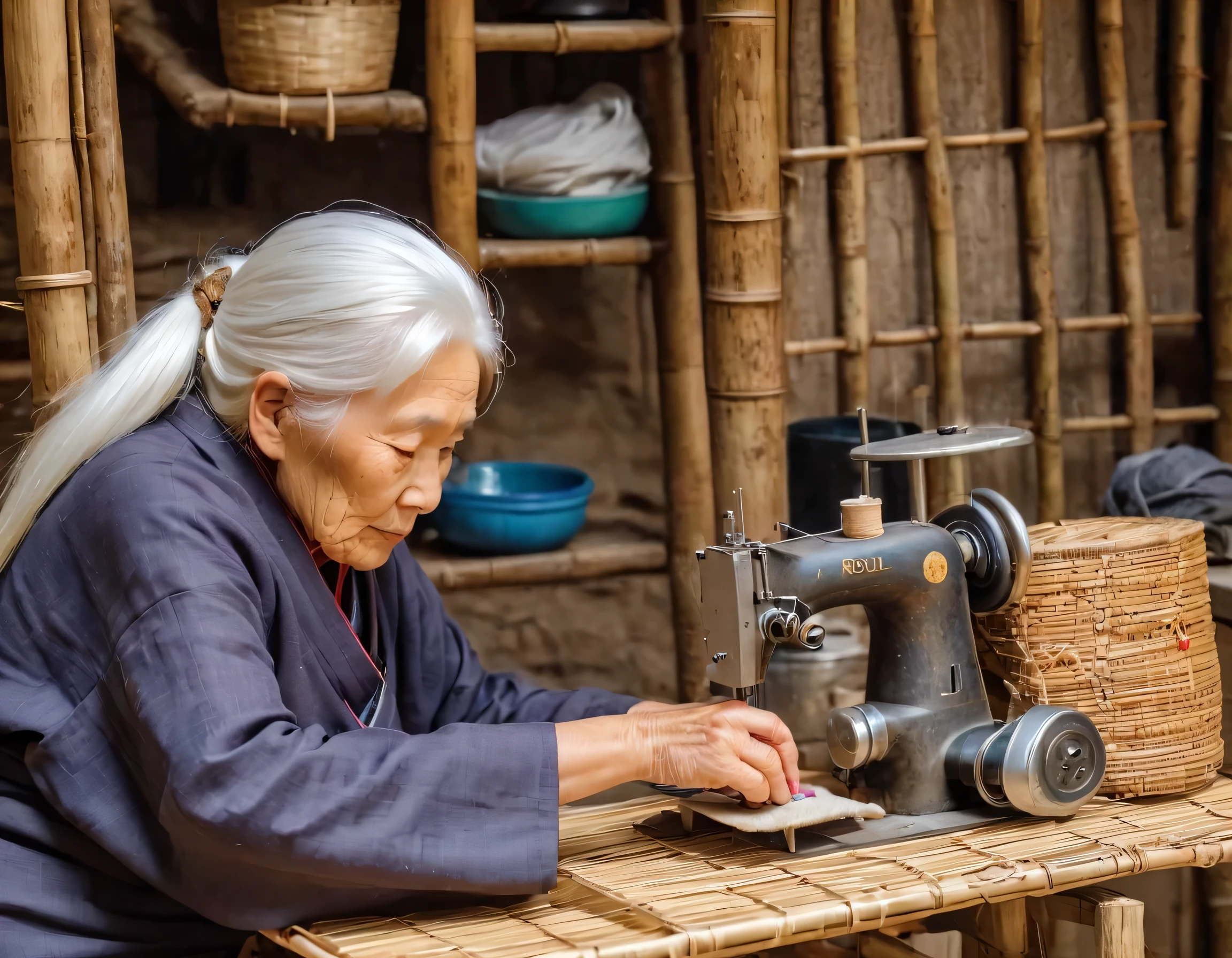 an old woman with white hair, full of wrinkles on her face, sewing clothes, sitting in an ancient kitchen, a house made of bamboo, there is a ROL effect, masterpiece, professional photography, detailed, 16k, UHD