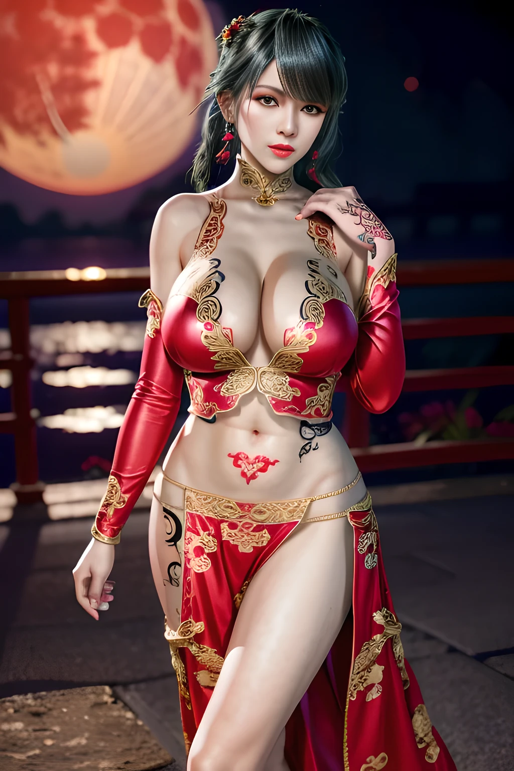1 girl,standing posture,Dancing sleeves,nighttime,RED moon,(( ancient Hanfu)),gem tassel,( huge breasts),cleavage,shiny skin, red lips,( tattoos:1.3), masterpiece, best quality, realistic ,Rich artistic colors, 8K,Portrait art,solo, tamaki