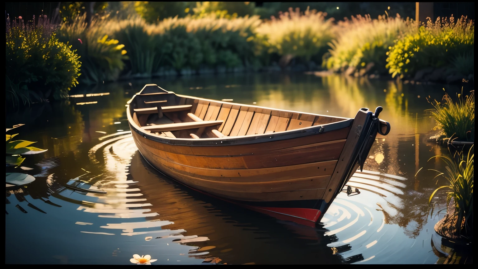 (Evening Pond),cinematic photo wooden rowboat on pond bank, evening dark night garden small pond, water surface ripples texture, water circles , atmospheric . 35mm photograph, film, bokeh, professional, 4k, highly detailed
