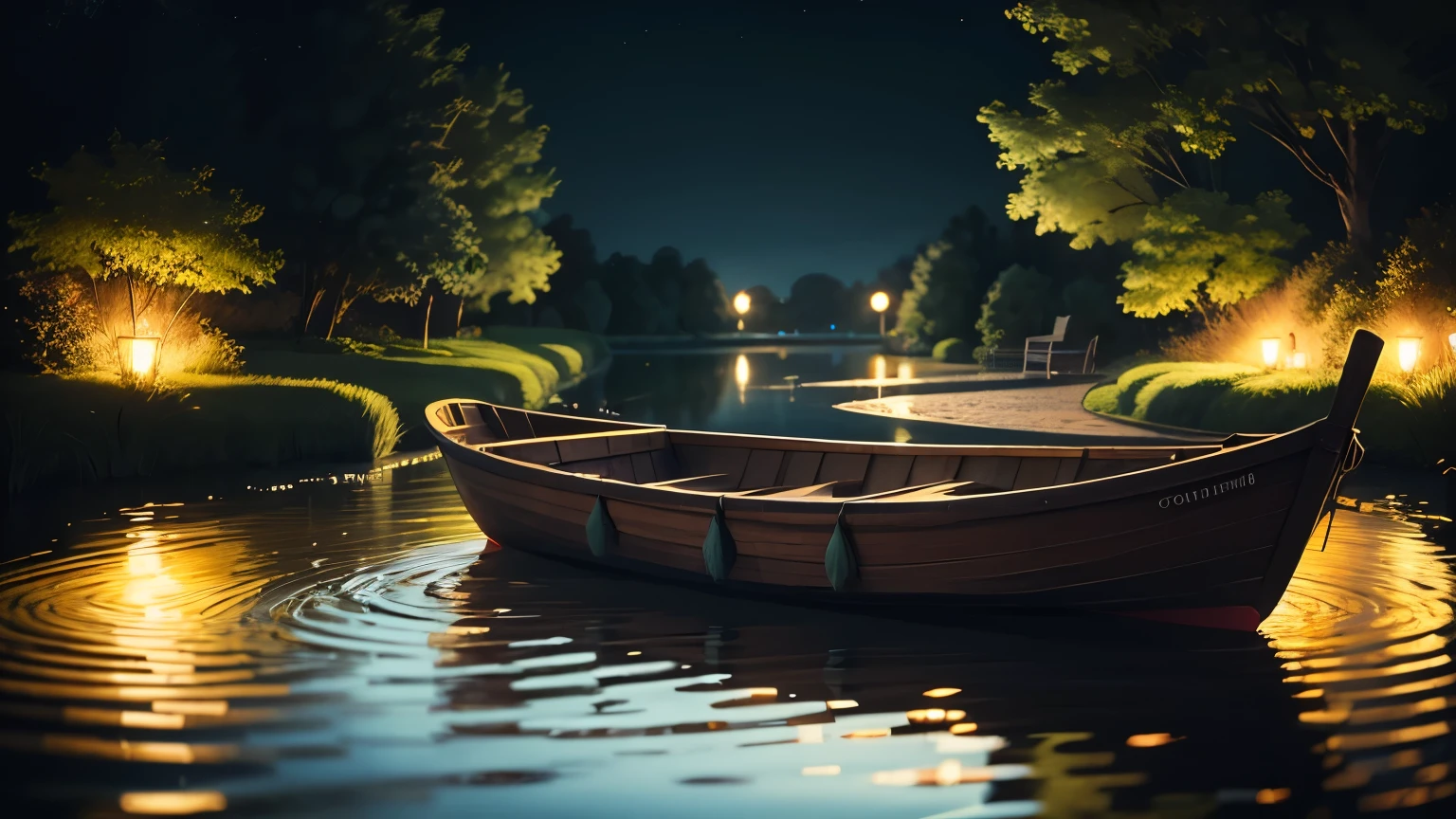 (Evening Pond),cinematic photo wooden rowboat on pond bank, evening dark night garden small pond, water surface ripples texture, water circles , atmospheric . 35mm photograph, film, bokeh, professional, 4k, highly detailed
