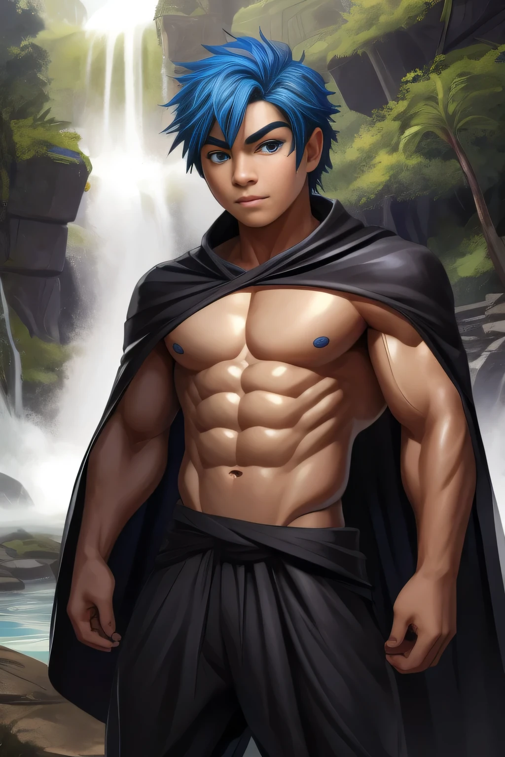 boy, very attractive boy, mexican ethnicity. tan skin, blue cobalt hair, almost completely shaved hair, young man, solo, Attractive. handsome face. mischievous expression, blue eyes, jet black hair, jacked muscle, beautiful musculature, aesthetic striations, inspirational physique, lean muscle, square pecs, beautiful v-taper, great abs and torso, bright bodysuit, standing front (young face) he wears brown Jedi-style baggy pants dark, black cape, bare chest, open black cape, Ruins of a Jedi temple with river and waterfalls background. Jedi open black tunic.
