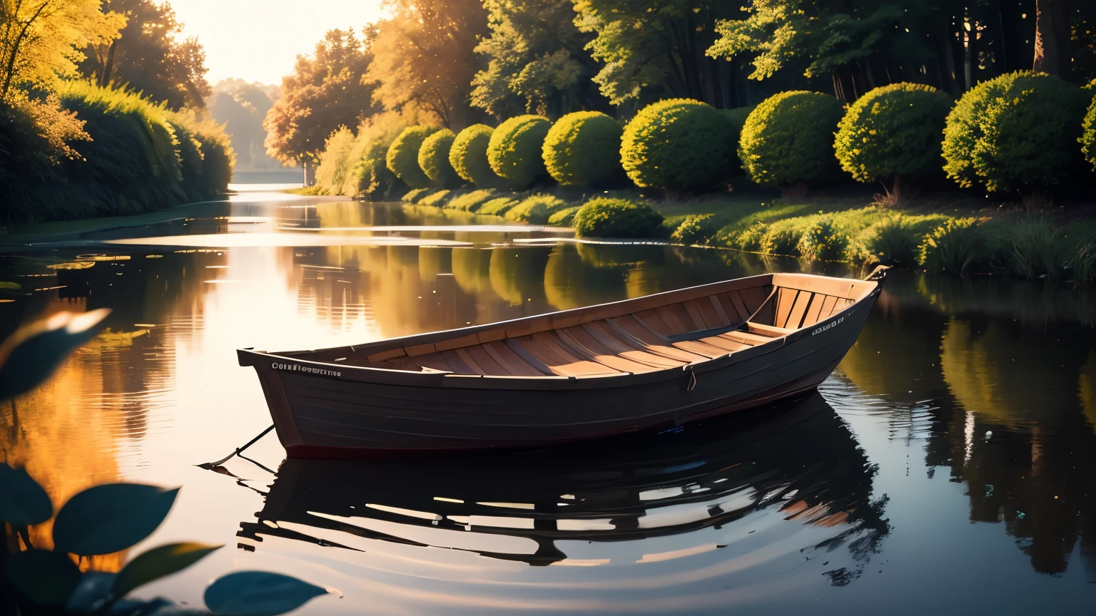 (Evening Pond),cinematic photo wooden rowboat on pond bank, evening dark night garden small pond, water surface ripples texture, water circles , atmospheric . 35mm photograph, film, bokeh, professional, 4k, highly detailed

