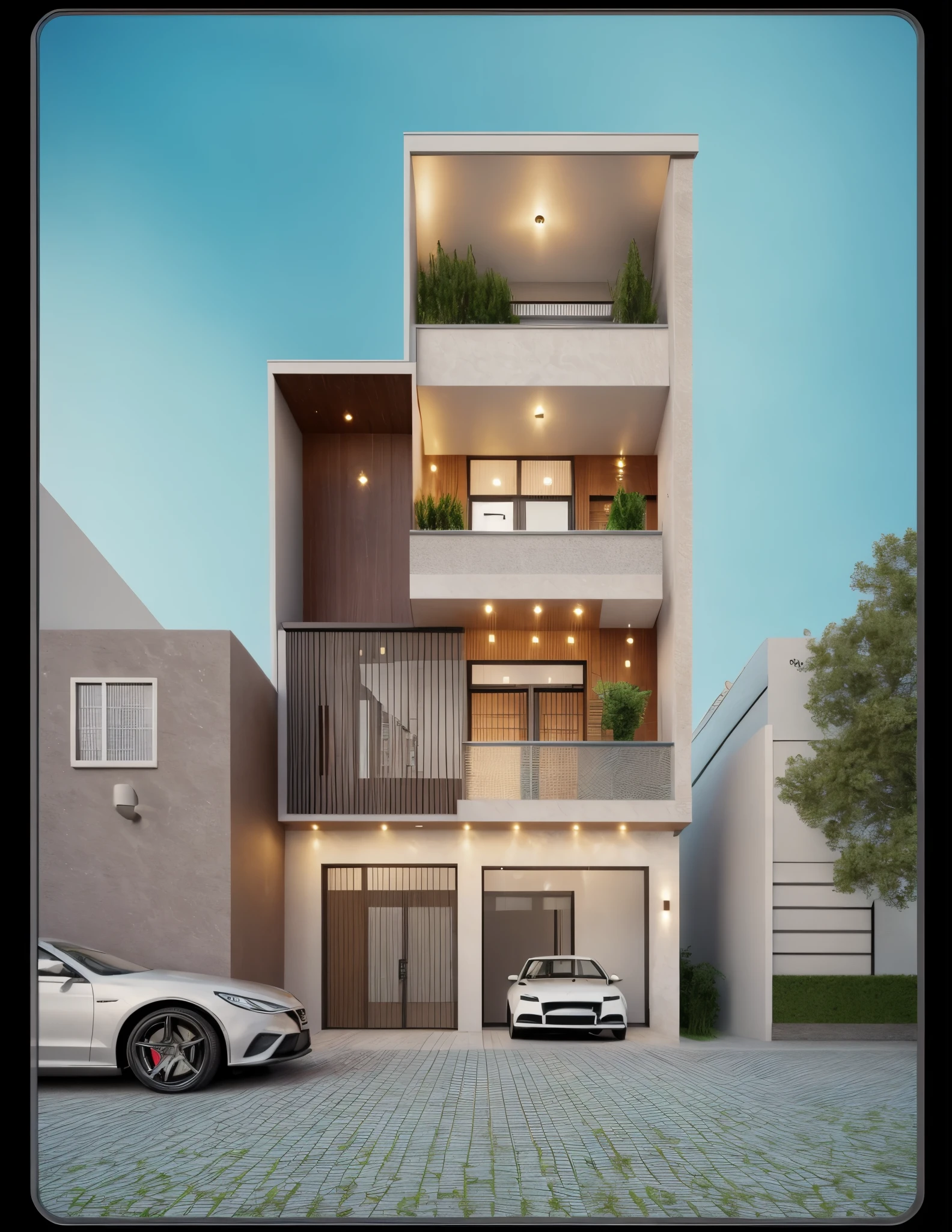 Realistic images, extremely detailed, a modern house, 1 road in font of house, large yard made by ceramic, (1 car), brick fence, lawn, a few small flowers, a road in front of the house, main materials of the house are white walls and red brick, Modern design, clear blue sky, sunrise light, light from inside, dynamic light,shimering light, cinematic light, romantic feeling, (((day light, warm light)))