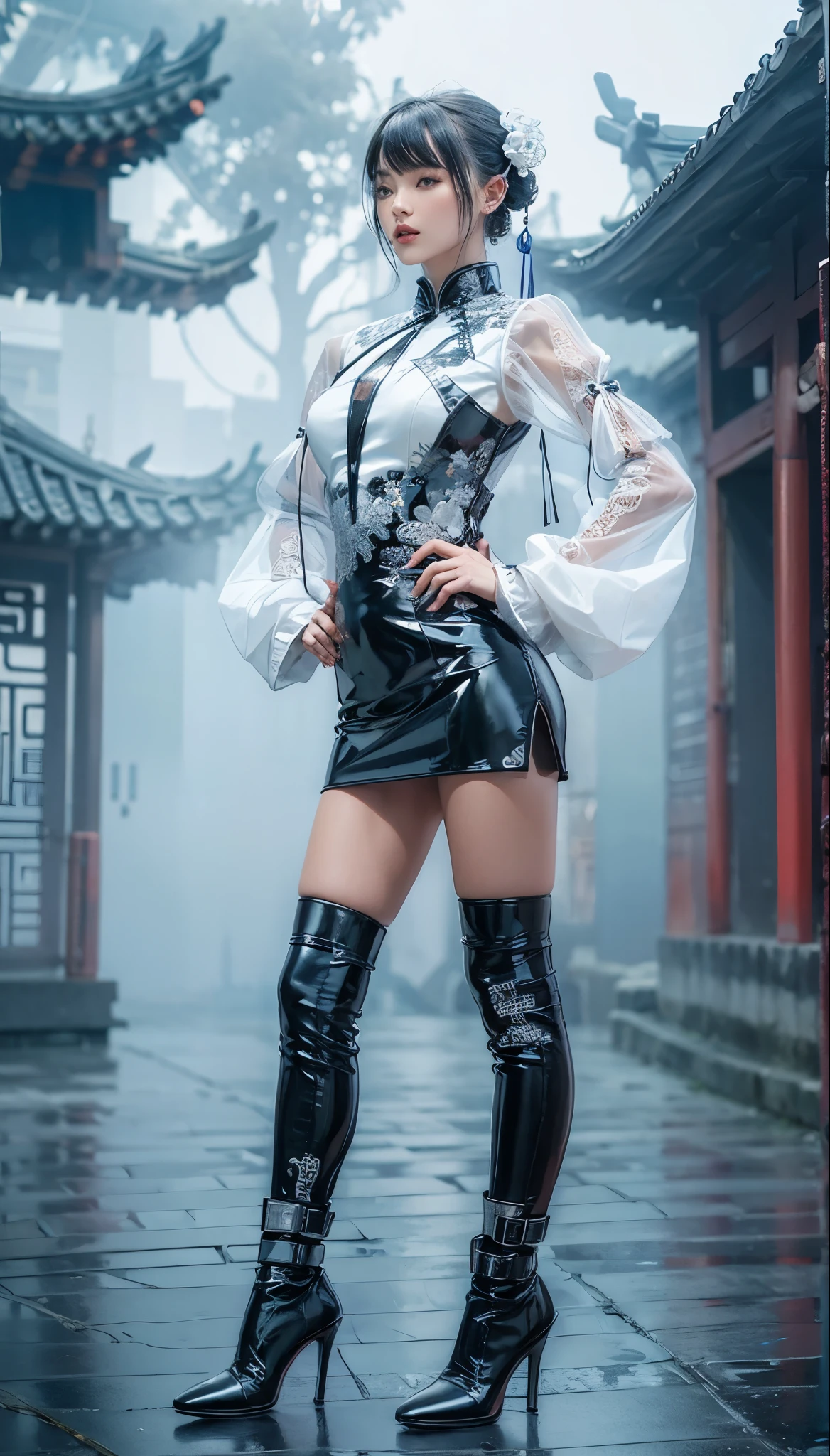 ultra detailed, beautiful best quality, _ BREAK Beautiful and cute perfect model, Tightened all body, medium Breasts, _ BREAK  _ Perfect background, Fog, mist, _ BREAK (all body shot, standing and Abstract pose:1.8), BREAK (Cyber punk chinese dress, balloon Sleeves:1.3), (white theme:1.3), (mandarin collar:1.2), (intricate patchwork of latex and leather:1.2), (triangular silhouette skirt:1.2), gray hair,  fog and mist Blurred background, Perfect and beautiful concrete background,