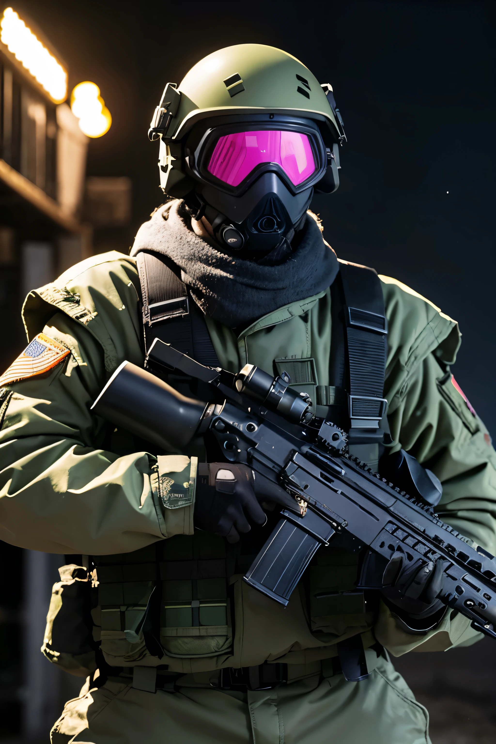 a modernization,Thermal imaging night vision goggles on tactical helmets,Wearing heavy bullet armor and heavy body armor,Male soldier holding H416 assault rifle with 4x scope,Face-worn tactical goggles