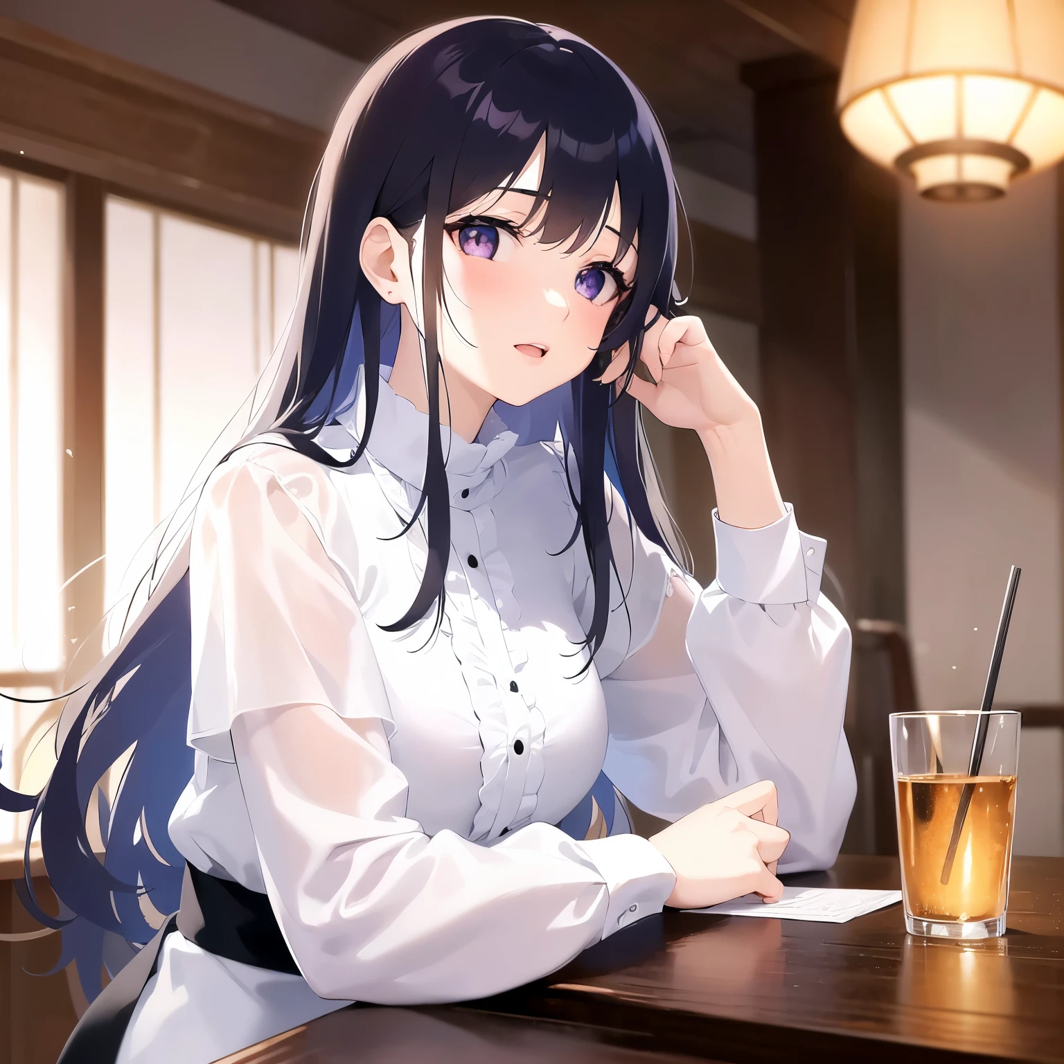 (white ruffle blouse) and (long sleeve), looking up, Upper Body, Realistic, real person, (pale skin: 1.2), RAW photo, photorealistic, portrait photography, shiny skin, japanese idol、shiny hair、(25 year old woman with straight medium hair with bangs) and (black hair) and (purple eyes) , smile, open mouth, (blush:1.3), The background is the interior of the restaurant.、Alone、Are standing