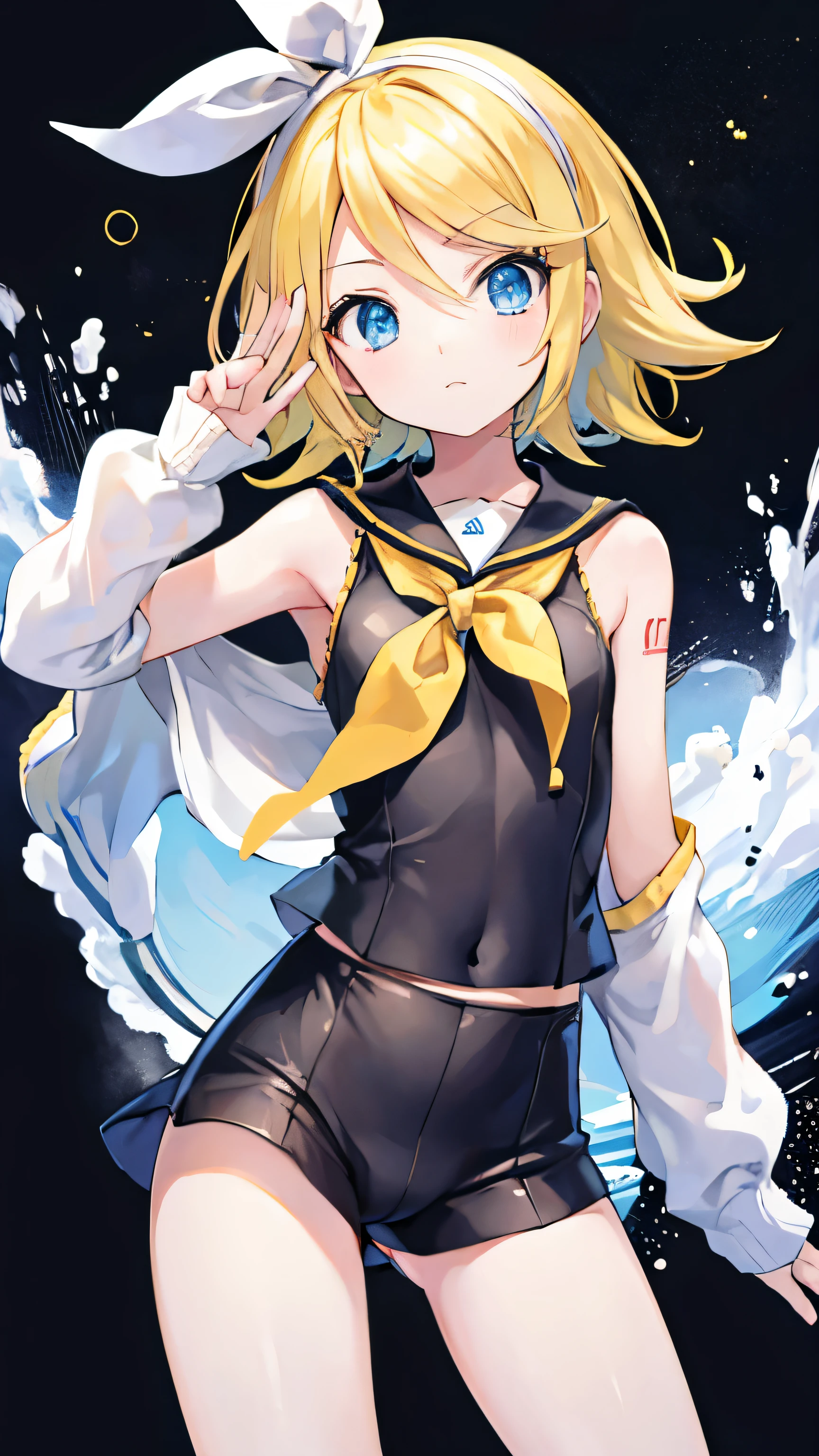 Kagamine rin , mini falda , bragas a la vista , rostro apenado , mejillas ruborizadas , viendo al espectador , imagen de cuerpo completo , (perfect body proportion)