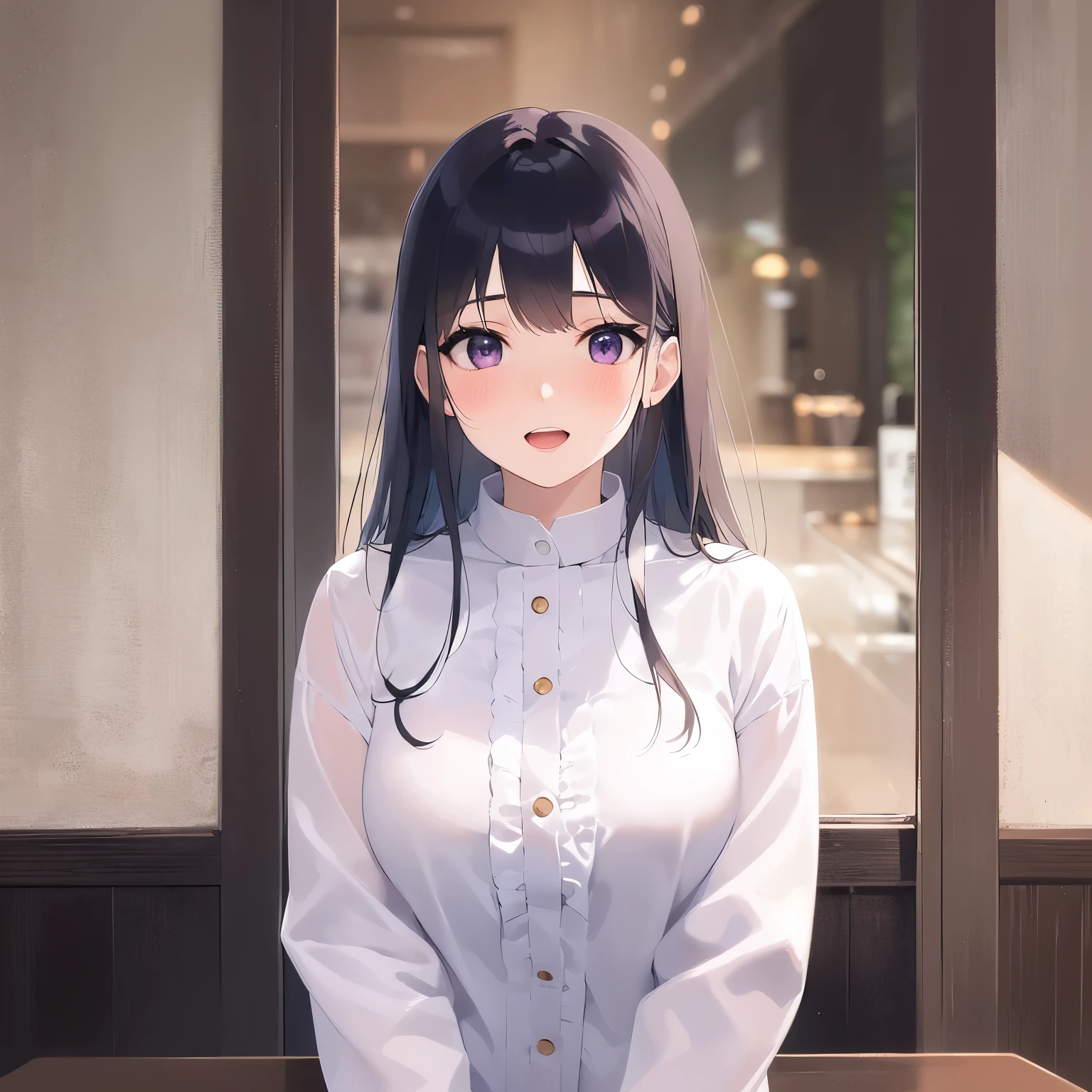 (white ruffle blouse) and (long sleeve), looking up, Upper Body, Realistic, real person, (pale skin: 1.2), RAW photo, photorealistic, portrait photography, shiny skin, japanese idol、shiny hair、(25 year old woman with straight medium hair with bangs) and (black hair) and (purple eyes) , smile, open mouth, (blush:1.3), The background is the interior of the restaurant.、Alone、Are standing