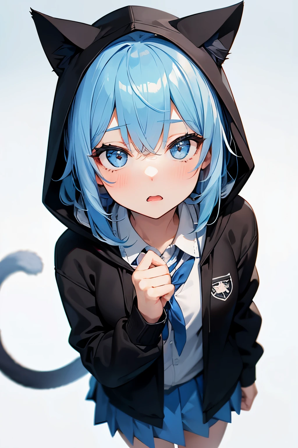 1 girl, , UHD, retina, masterpiece, Accurate, anatomically correct, rough skin, Super detailed, advanced details, high quality, Award history, 最high quality, High resolution, hd, 4k,(anime,8K,masterpiece, 最high quality, 最high quality,beautiful and aesthetic:1.2,professional illustration:1.1,Super detailed:1.3,perfect lighting),very detailed,most detailed,High resolution,cute pose,embarrassing,light blue hair,classroom,(wear uniform inside:1.5),(school uniform:1.5),(black hoodie:1.5),(Hoodie with cat ear hood:1.5),(open clothes:1.5),(incoming kiss:1.5),(face on focus:1.5),(cowboy shot:1.5),(from above:1.5)