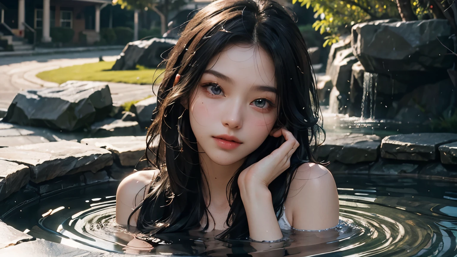 best qualtiy，tmasterpiece，ultra high resolution，（Realism：1.4），RAW photogr，1girll，cropped shoulders，long whitr hair，Bust，huge tit，Face Highlighting，Pure，Girly，Flushing，thin shoulder strap，Harnes，deep v small breasts，18-year-old smiling female classmate，Pure，Innocent，（best qualtiy，8K，tmasterpiece:1.3），Goose egg face，largeeyes，long eyelasher，Exquisite（live-action realistic style），Star-like eyes，Ultimate face，Photorealistic light and shadow，Clear facial featureilky white skin，Fair skin， highdetailskin， Realistic skin details， Visible Pore，（Super detail），（perfect bodies：1.1），long whitr hair，（dynamicposes），((Dynamic background((volumettic light：1.3))，Soak in the hot springs