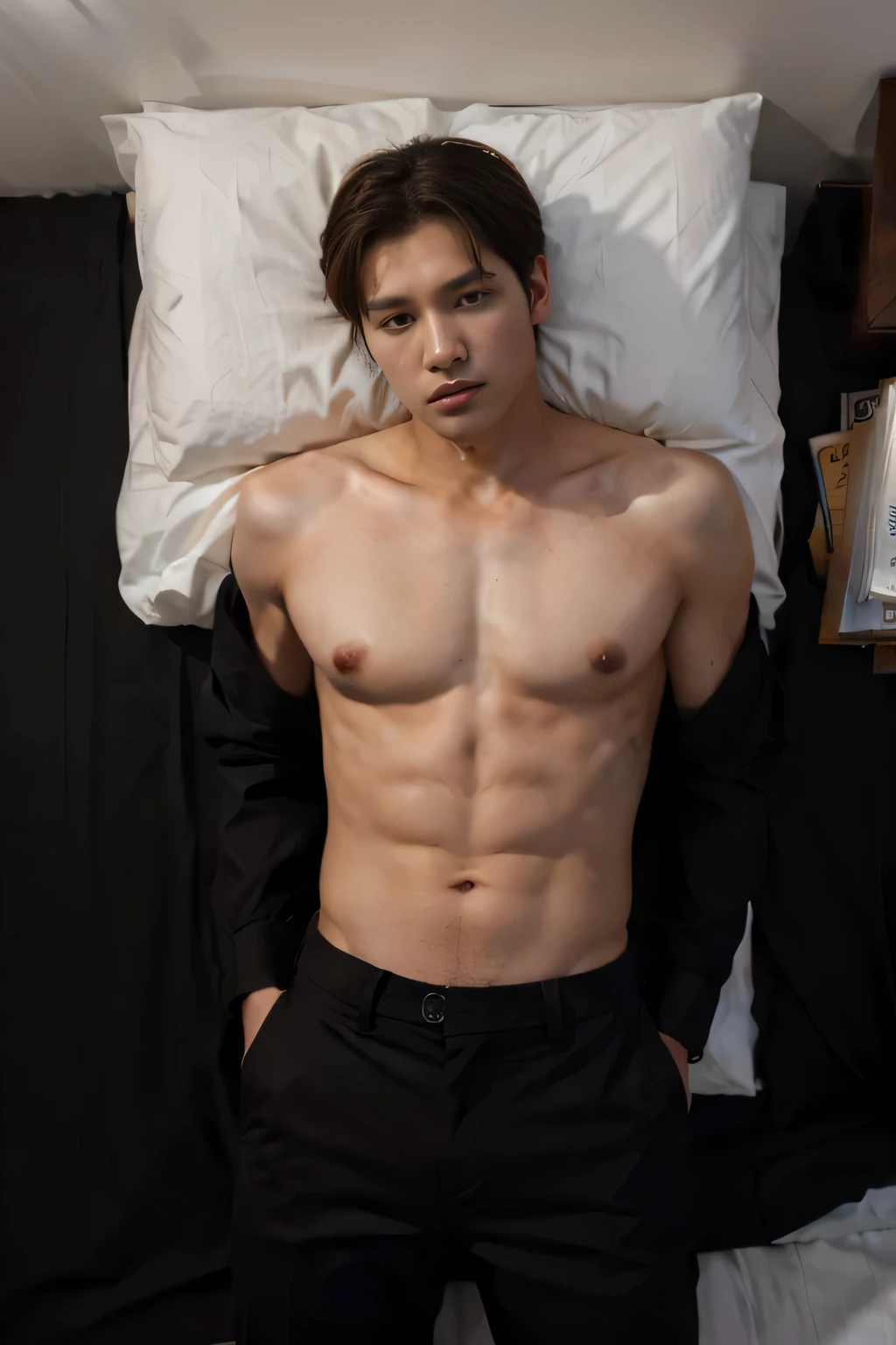 ((full body shot)), (masterpiece), a very handsome korean young man on a bed while wearing black formal pants, unbuttoned shirt, model, romantic filter, slight smile, sharp features, almond eyes, straight nose, sharp jawline, v-line, smooth abs, majestic handsome guy, hd, ultra hd, high quality, (black pants), white king sized bed with brown accents