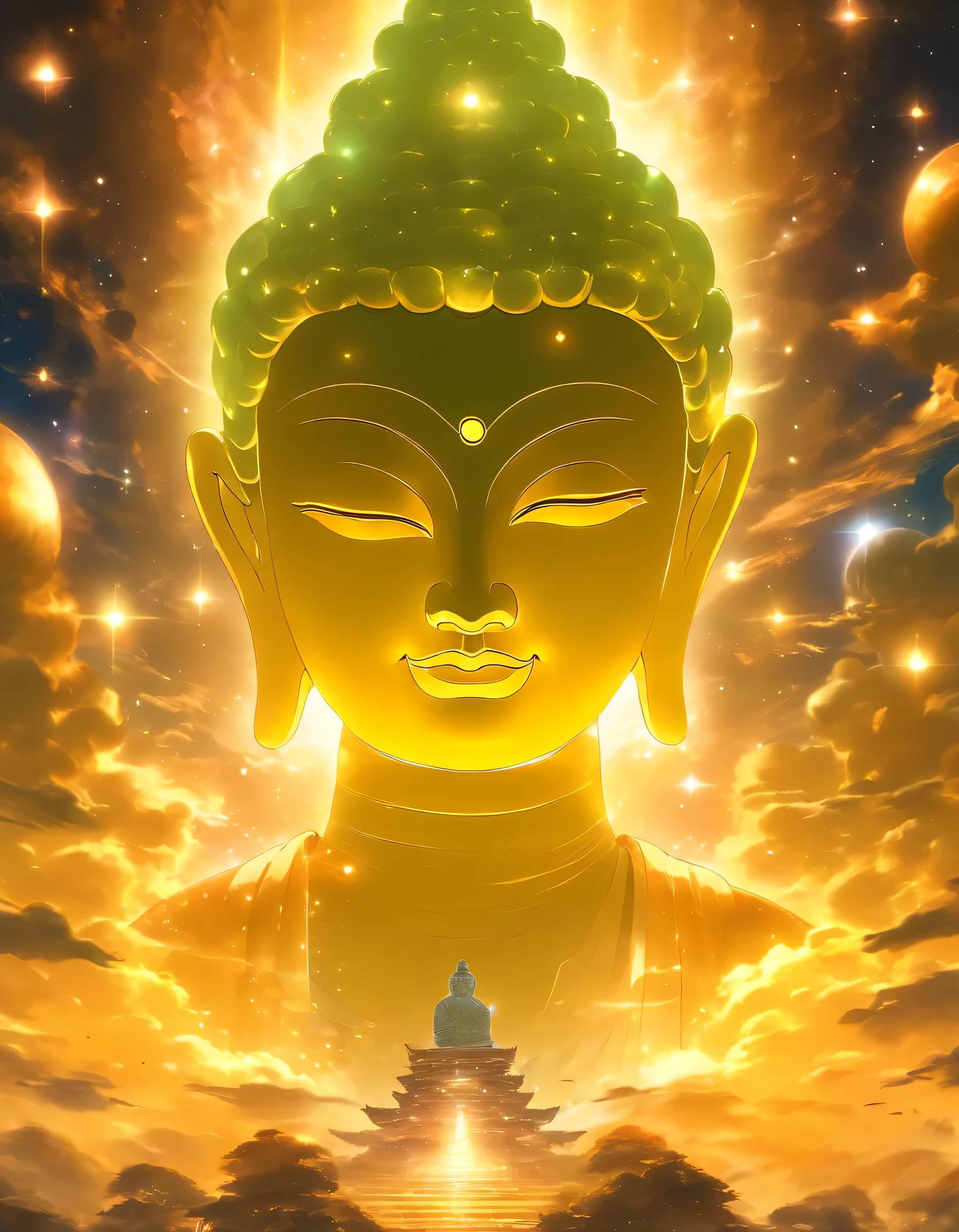 A giant transparent Buddha head looks at an earth-yellow planet in the universe,glow effect,oc rendering