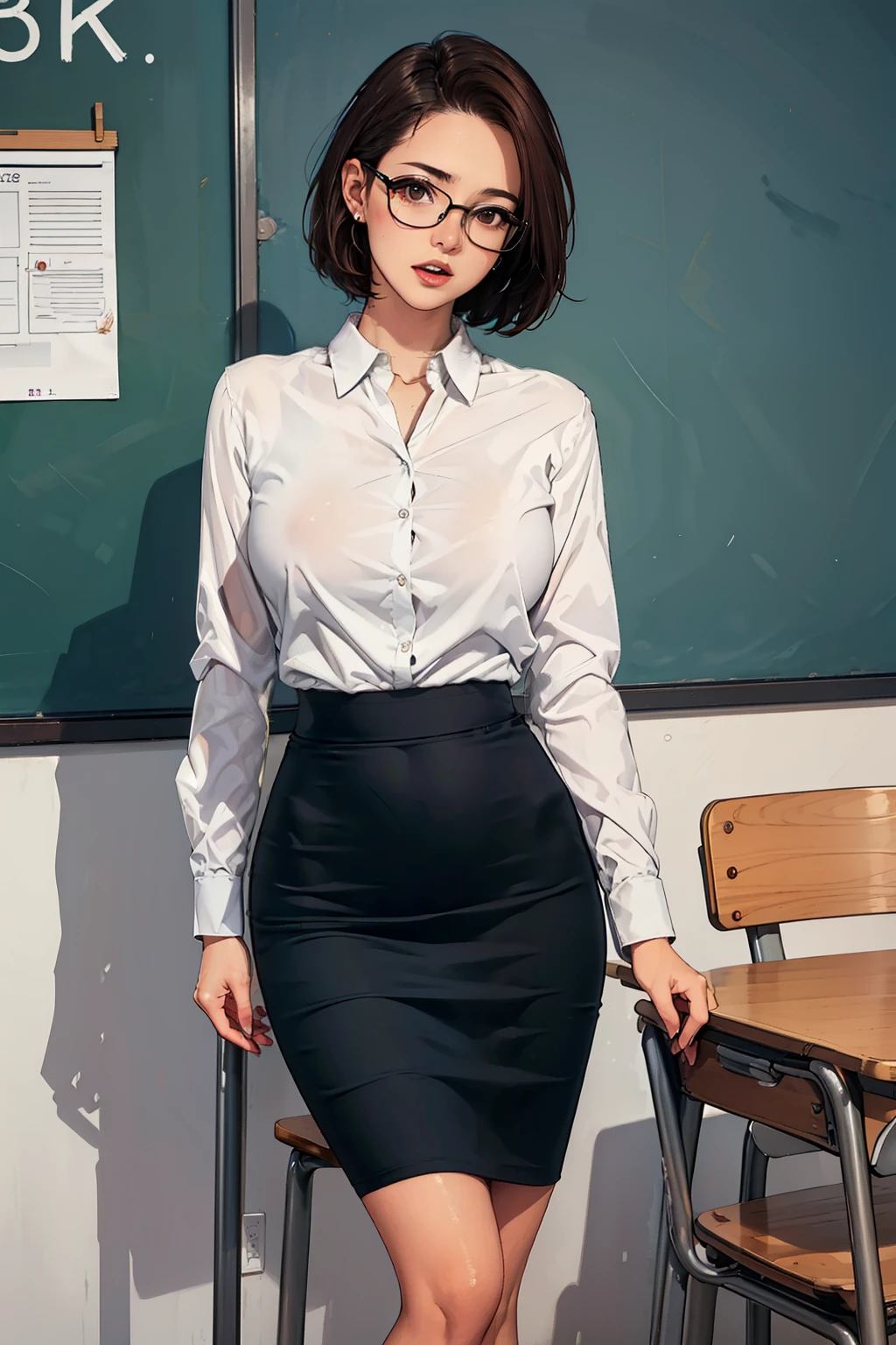 ((Realistic Light, Best Quality, 8K, Masterpiece: 1.3)), 1girl, female teacher, Slim Beauty: 1.4, (Brown hair,  short hair length to shoulder, glasses, large breasts: 1.3), wearing long sleeve white shirt(( appropriate shirt)), black pencil skirt((length skirt to the knee)), standing alone inside the empty classroom, front view, medium shot, with little shock expression, open mouth, 