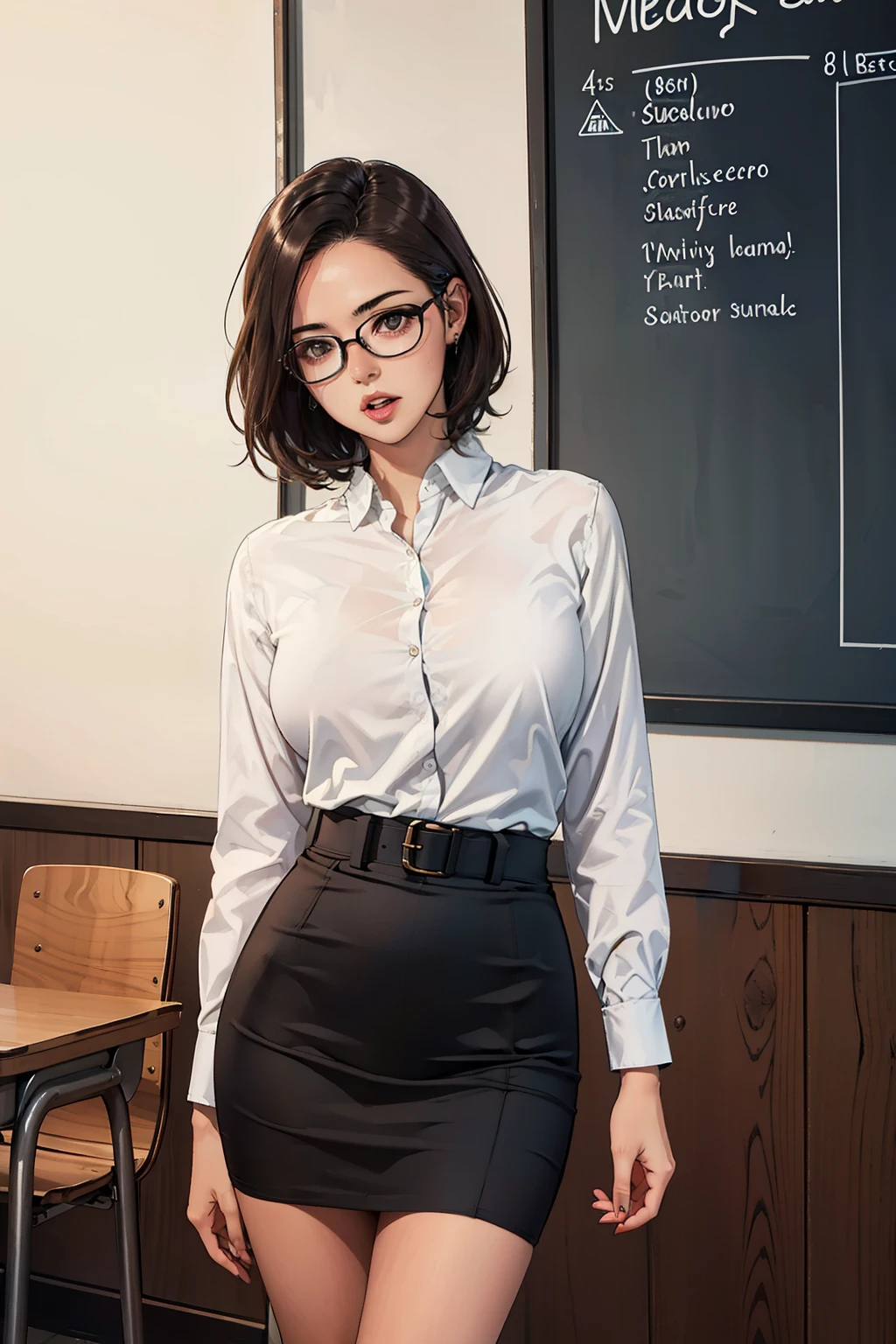 ((Realistic Light, Best Quality, 8K, Masterpiece: 1.3)), 1girl, female teacher, Slim Beauty: 1.4, (Brown hair, short hair length to shoulder, glasses, large breasts: 1.3), wearing long sleeve white shirt(( appropriate shirt)), black pencil skirt((length skirt to the knee)), standing alone inside the empty classroom, front view, medium shot, with little shock expression, open mouth,