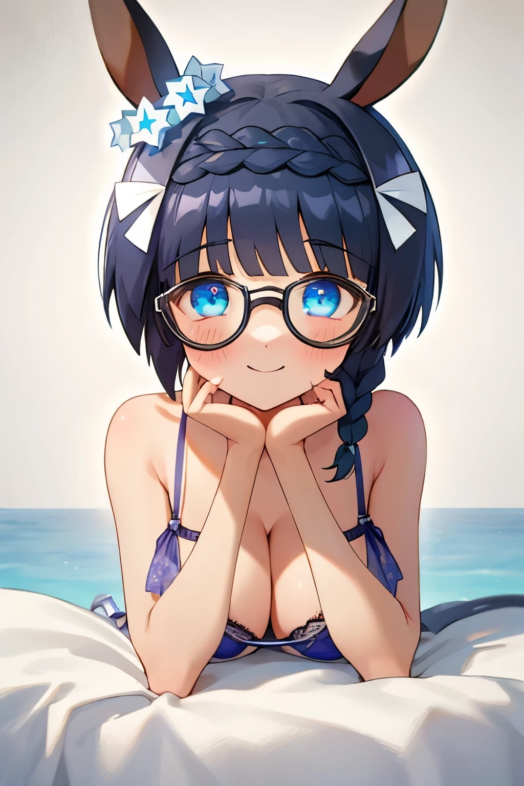 Zenno Rob Roy\(Umamusume\), super detailed face, masterpiece, highest quality, light smile, blush, wave hands, ((super detailed face)), slender girl, whole body, (((In underwear))),horse tail, light smile, fine and clear eyes,Glasses (big breasts),bra,panties,