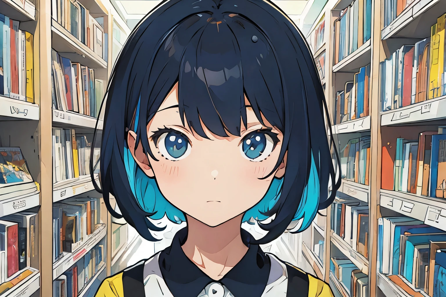 (shape: giant gram), (flat color:0.9),(colorful:1.1),(masterpiece:1,2), highest quality, masterpiece, High resolution, library, highly detailed wallpaper, looking at the viewer,,,1 girl,alone,portrait, Basquiat style,Book