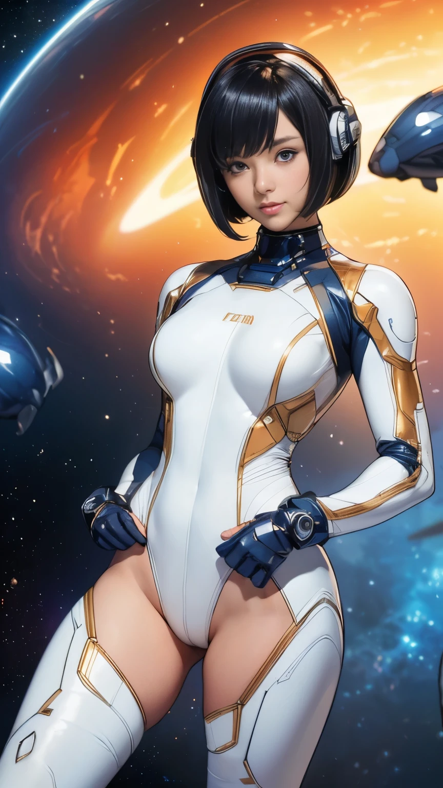 (masterpiece、highest quality、highest resolution、clear_image、Detailed details): (full body figure、15 year old girl、Japanese face、small face、thin、navy blue super short bob cut hair、blue colored eyes、((navy long sleeve space suit、space helmet))、headset、cosmic handbag、cute type、gentle smile、soft expression、headset、(((knee high boots)))、gloves up to the elbow、eye level shot、face directly、woman on a spaceship), (((camel toe))), ((Pure white leotard))